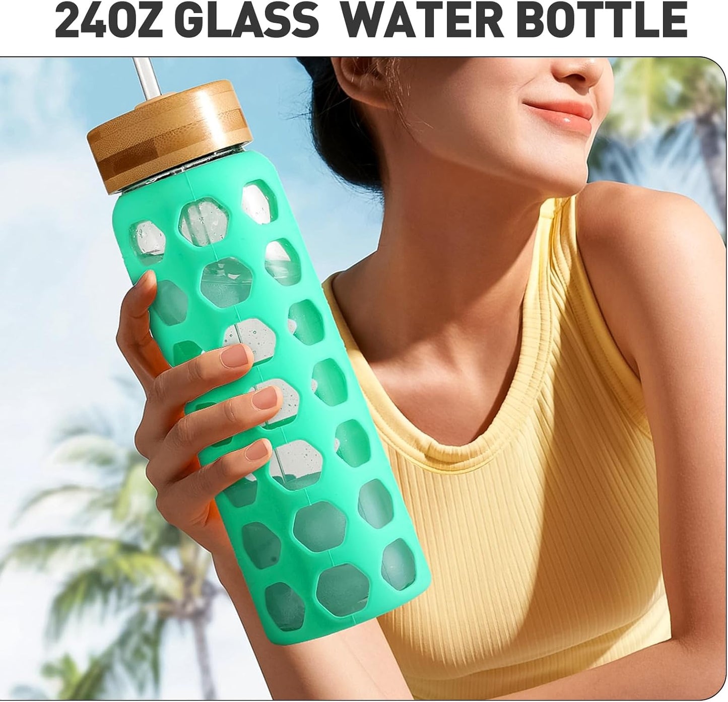 MUKOKO Glass Water Bottles, 24oz Glass Tumbler with Straw, Drinking Bottles with 2 Lids-Handle Spout Lid&Bamboo Straw Lid, Motivational Water Bottle with Time Marker and Silicone Sleeve, 1 Pack-Green