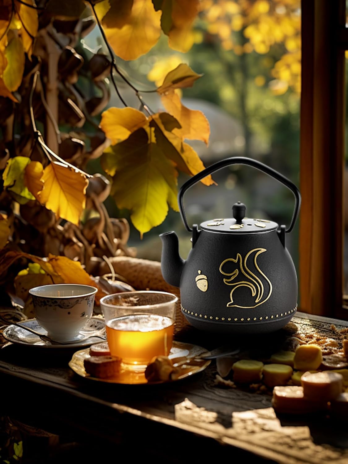 Toptier Teapot with Removable Infuser, Cast Iron Tea Kettle Stovetop Safe, Squirrel Design Tea Pot Coated with Enameled Interior for 32 Ounce (950 ml), Black