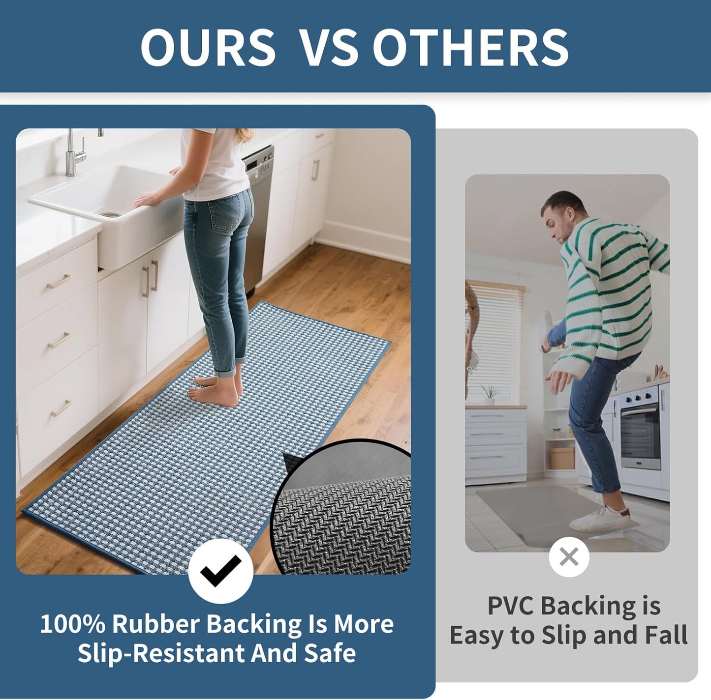 Kitchen Mat Kitchen Rugs Sets of 2 PCS Non Slip Washable, Super Absorbent Soft Braided Kitchen Mats for Floor, Rubber Backing Comfort Standing Kitchen Sink Mat Runner Rug, Blue 17"x28"+17"x59"