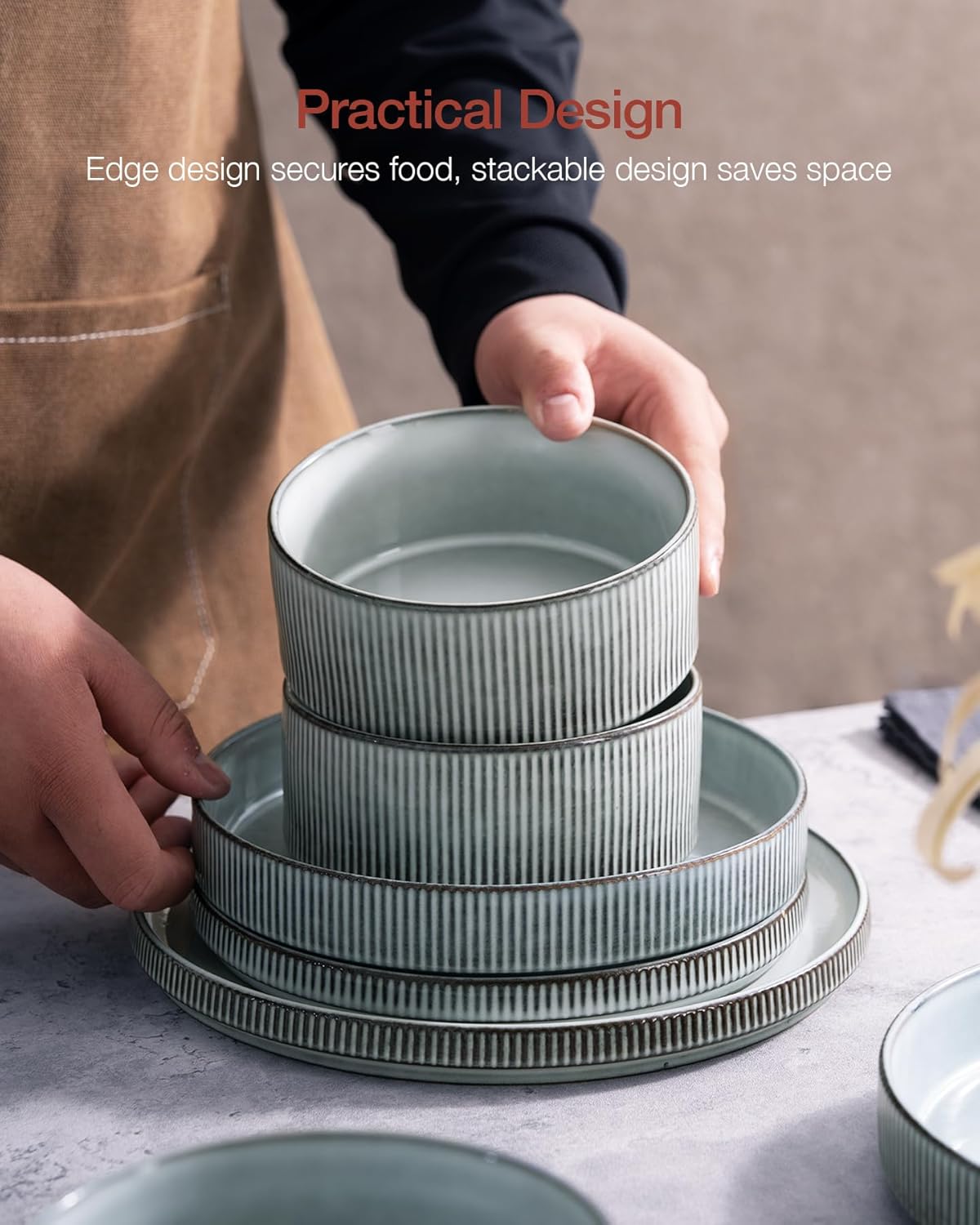 famiware Star Plates and Bowls Sets, Modern Stoneware Dinnerware Sets for 8, 24-Piece Kitchen Dish Set - Microwave and Dishwasher Safe, Chip and Scratch Resistant, Smoky Blue