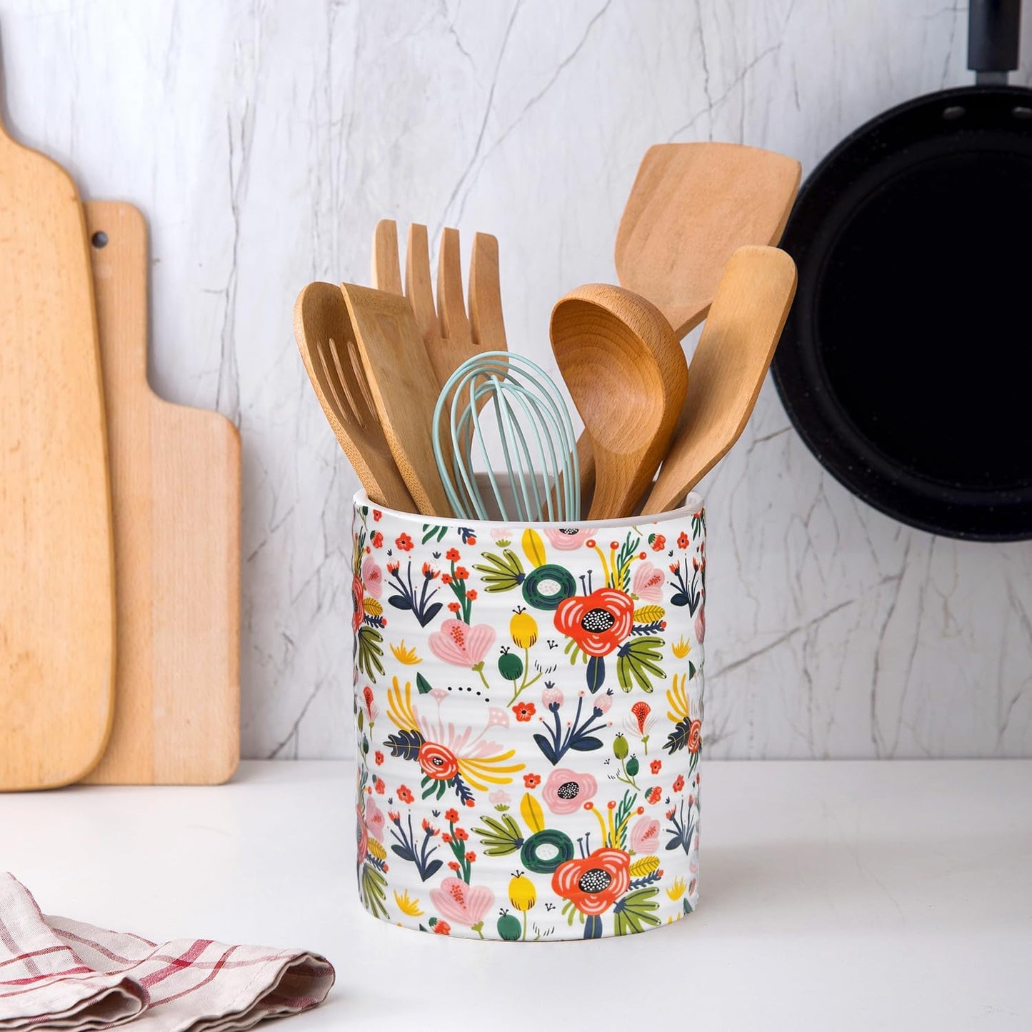 Kitchen Utensil Holder,7.2″Extra Large Stable Garden Floral Pattern Ceramic Utensil Crock,Flower Utensil Organizer for Countertop,Kitchen Decor,Utensil Holder for Housewarming,Wedding Gift