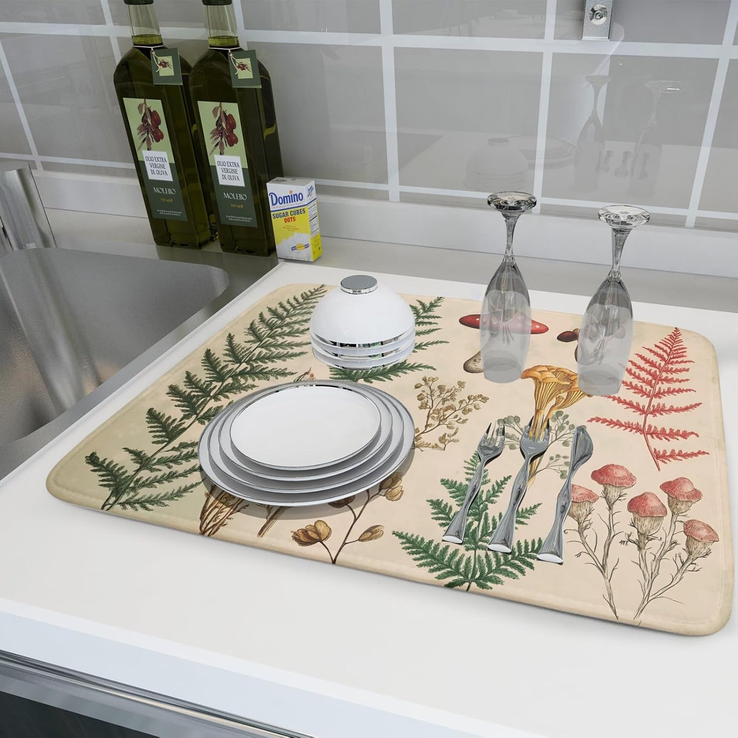 Ferns Mushrooms Dish Drying Mats Woodland Forest Microfiber Drying Pad Reversible Drainer Mats 18 X 24 Inch