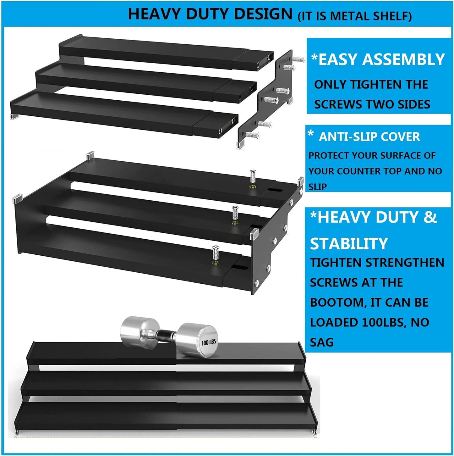 Expandable Spice Rack Storage organizer with 3-Tier step shelf cabinet,seasoning racks organizion.Great for Kitchen countertop shelves,Bathroom,dressing table,Cupboard,Pantry and more(1pack/Gun-gray)