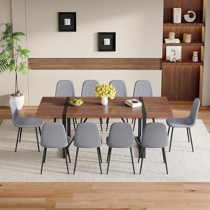 86.6" Dining Table Set for 10, Modern 11 Piece Wood Kitchen Table and Chairs Set, Large Rectangle Dining Table with 10 Linen Fabric Upholstered Chairs, Perfect for Family Gatherings and Dining Room