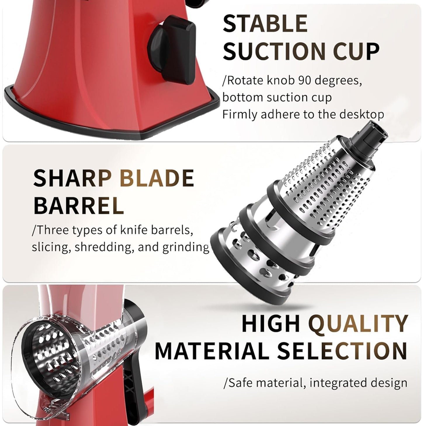 3-in-1 Rotary Cheese Grater Vegetable Slicer, 3 Interchangeable Blades Food Shredder with Anti-Slip Reinforced Suction Base, Kitchen Mandoline Chopper (Red)