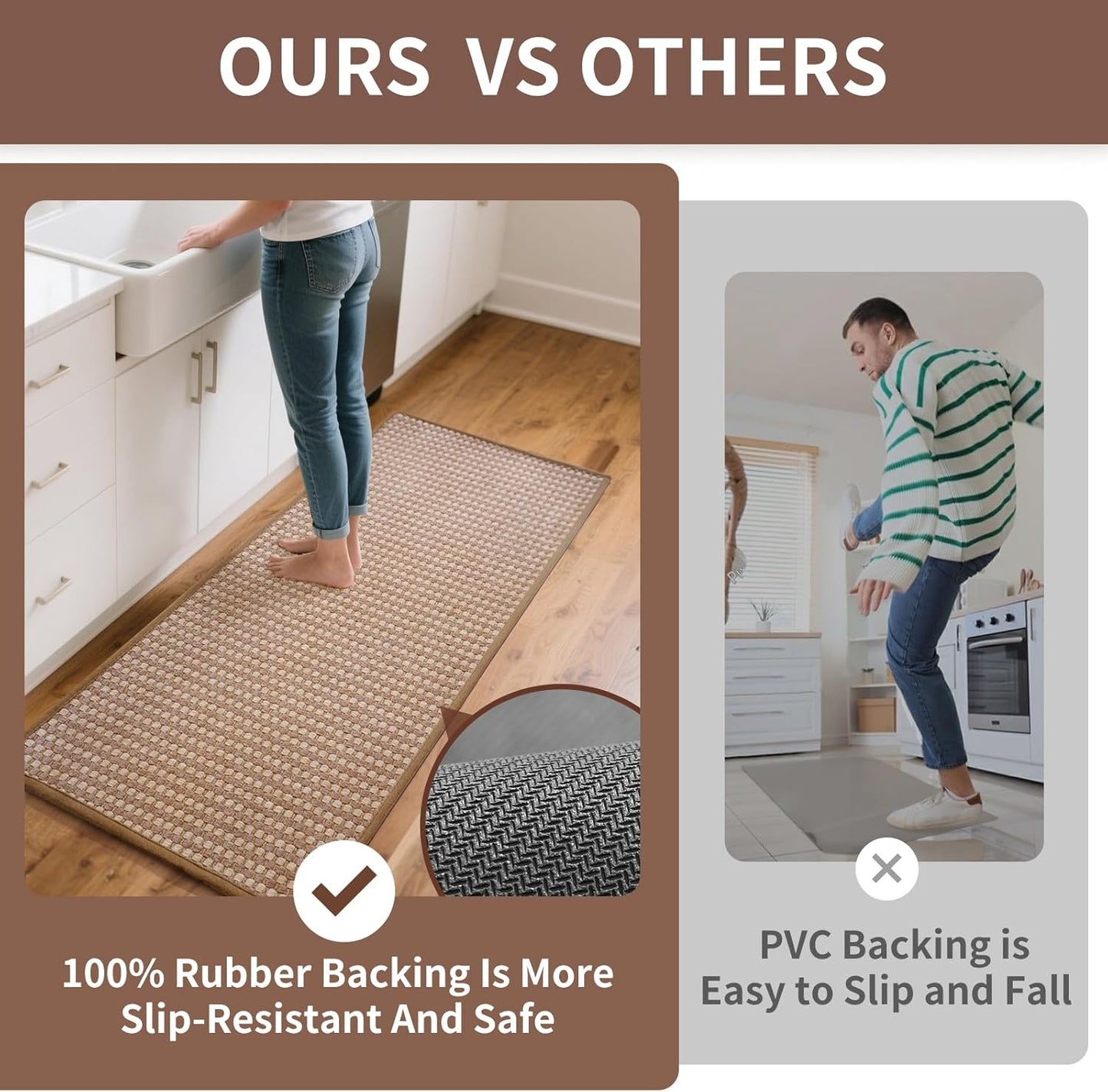 Large Kitchen Runner Rugs Long Kitchen Mat Non Slip Washable, Super Absorbent Soft Chenille Braided Kitchen Mats for Floor, Rubber Backing Kitchen Sink Standing Mat, Easy Clean, Brown 36"x71"