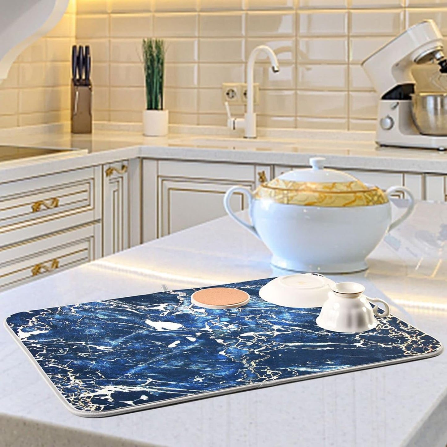 Super Absorbent Dish Drying Mat, Microfiber Fast-Drying Dish Mat, 16" x 18", Kitchen Dish Drying Pad, Marble Black Navy Blue