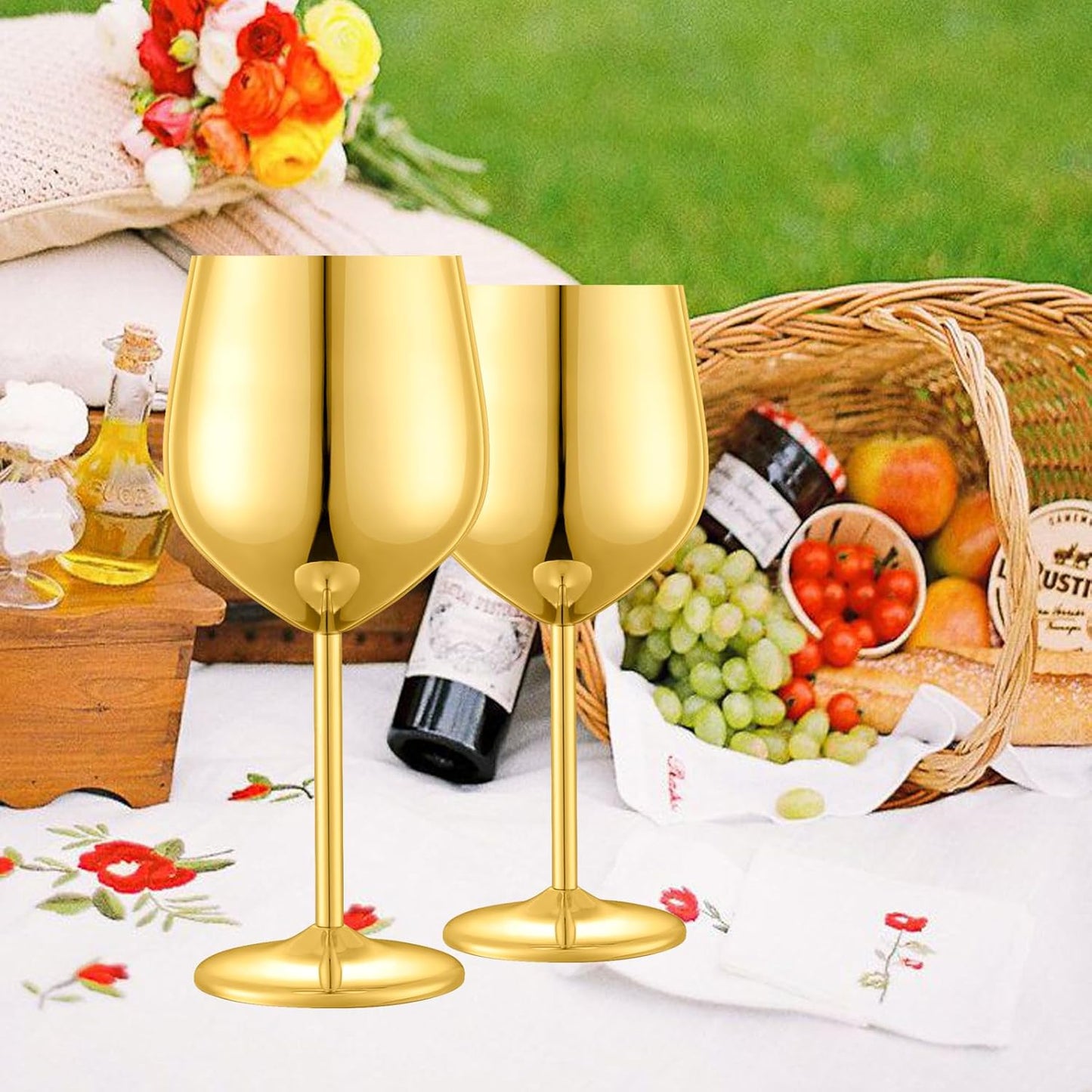 Stainless Steel Wine Glasses Set of 4 Unbreakable Gold Wine Glass 18 oz Unique Metal Wine Goblets for Outdoor, Travel, Camping, Pool, Ideal Gift for Wine Lovers