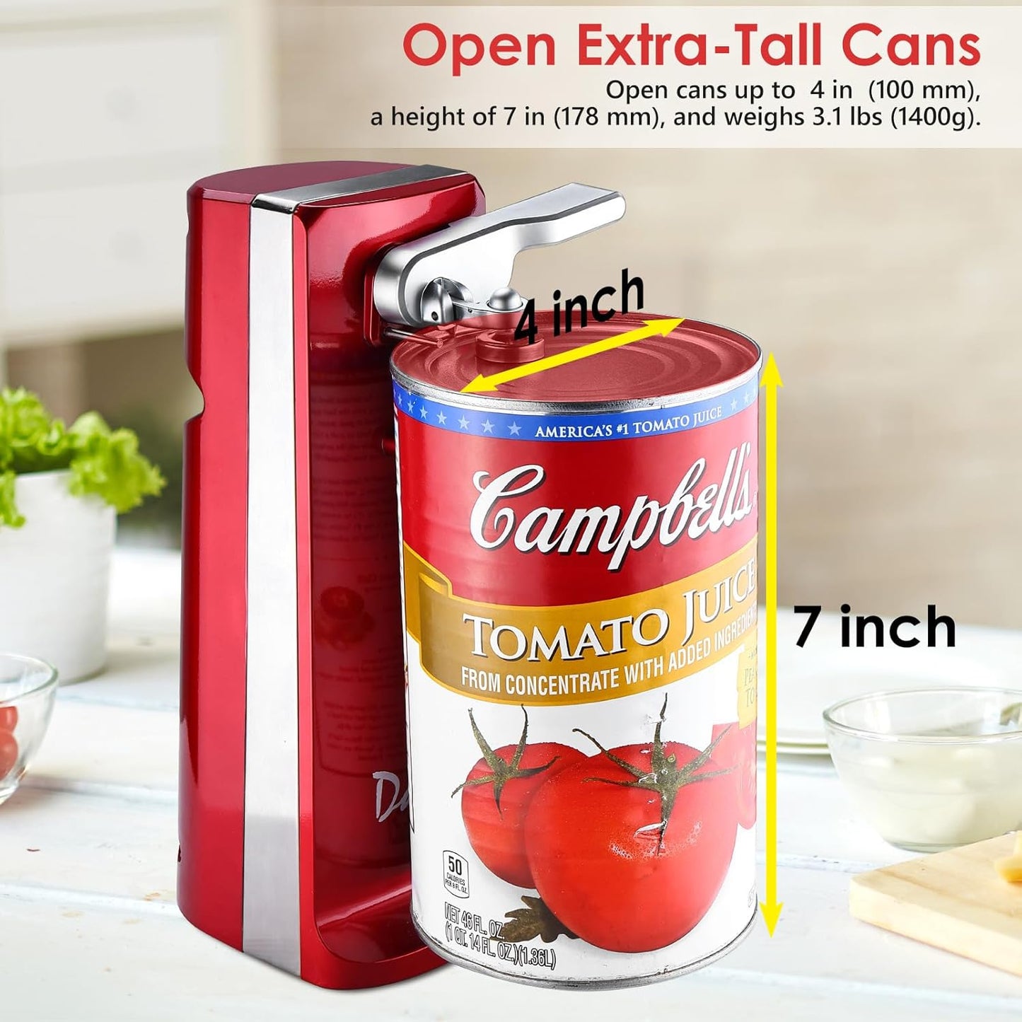 Davivy Electric Can Opener for One Touch Lid Opening,Removable Stainless Steel Cutter and 3- in-1 Design with Knife Sharpener and Bottle Opener, Red