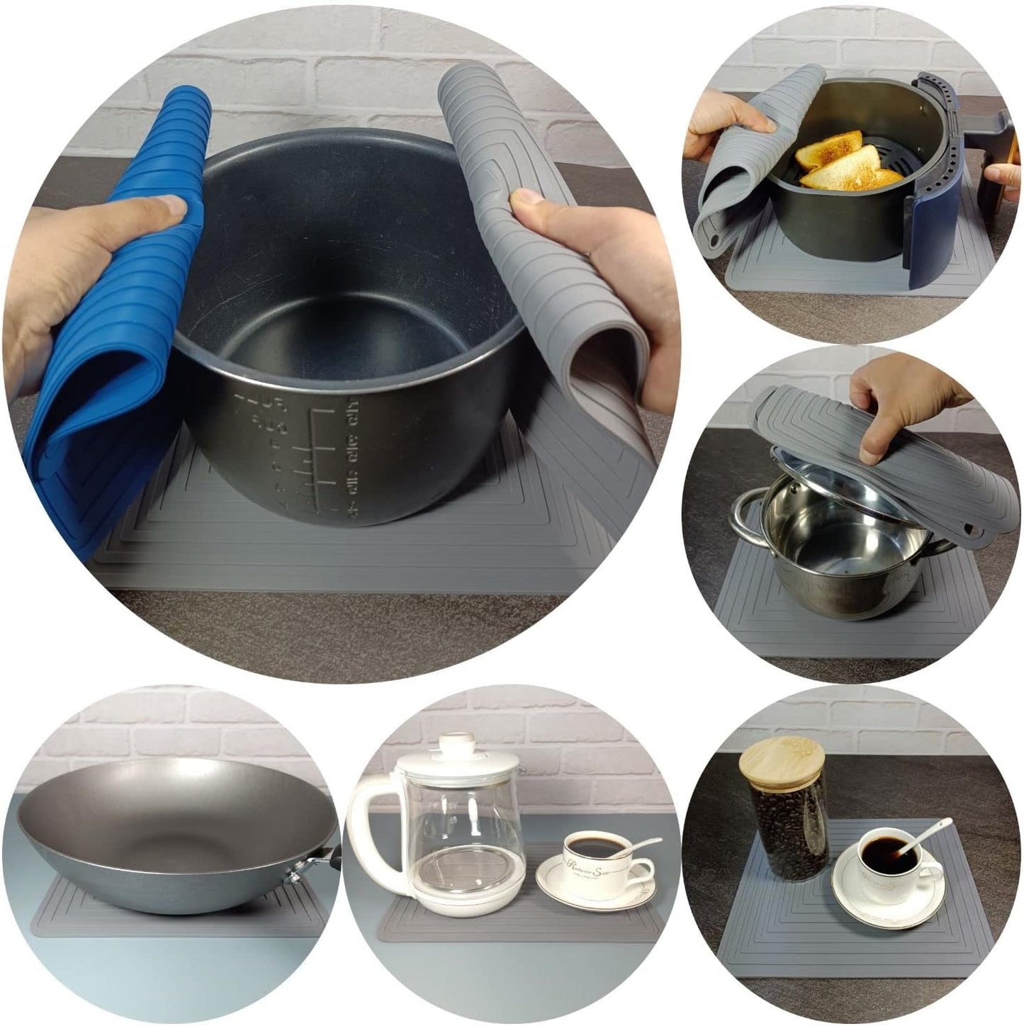 Silicone Trivets Mats Set, 9 x 12 Inches Trivets for Hot Pots and Pans, Grey Silicone Hot Pads for Kitchen, Multi-Purpose Heat Resistant Pot Holders 2 Pack