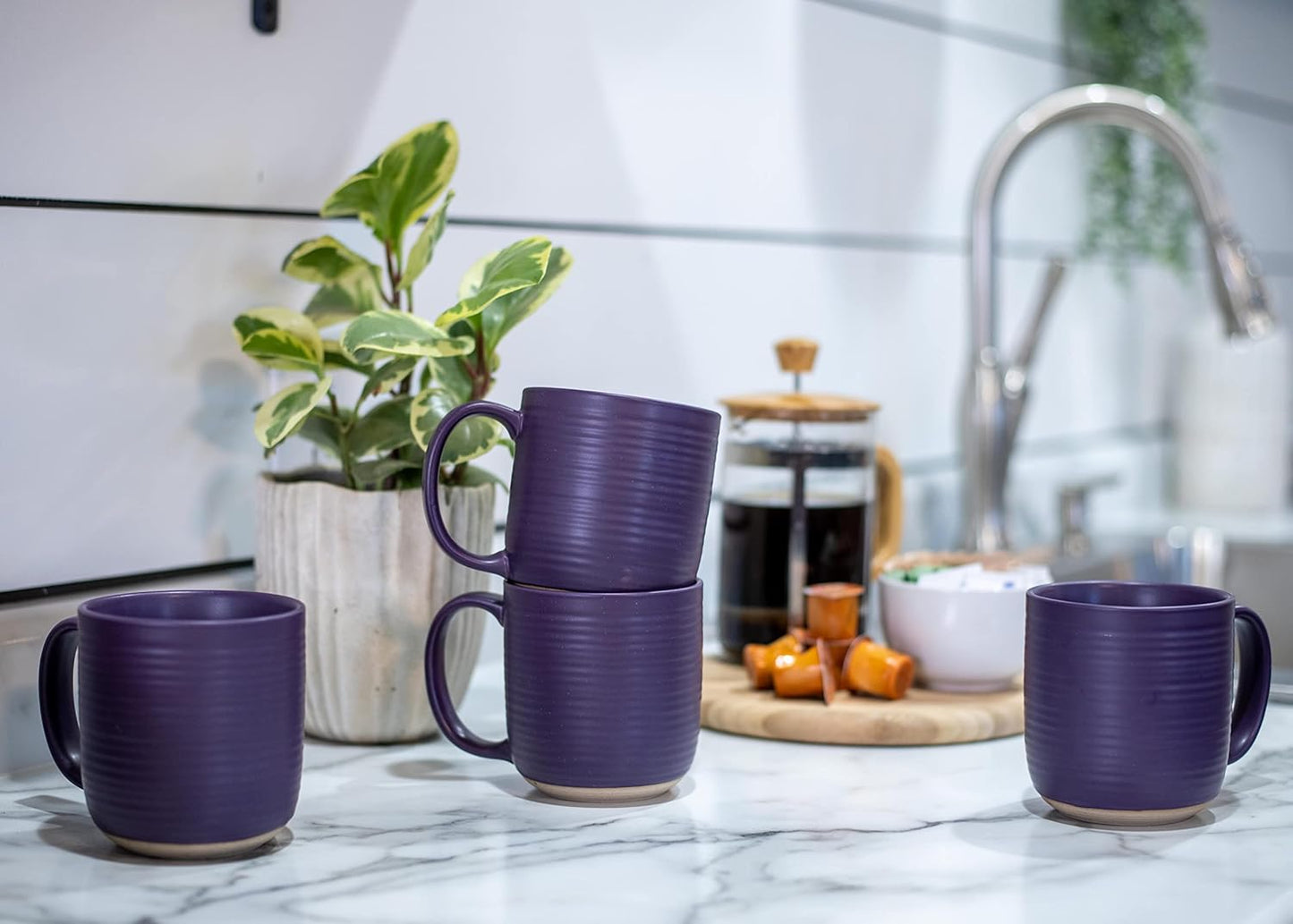 Elanze Designs Ribbed Ceramic Stoneware 16 ounce Raw Clay Bottom Coffee Mugs Set of 4, Purple