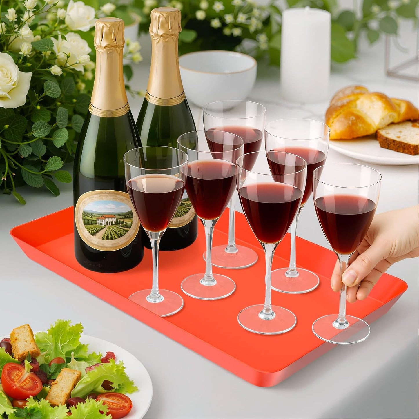 WOWBOX 6 pcs Serving Tray for Entertaining, Serving Platters for Snacks, Fruit, Cookies, Dessert, Reusable Plastic Trays for Serving Food and Pantry Organization in Kitchen & for Parties, (Red)