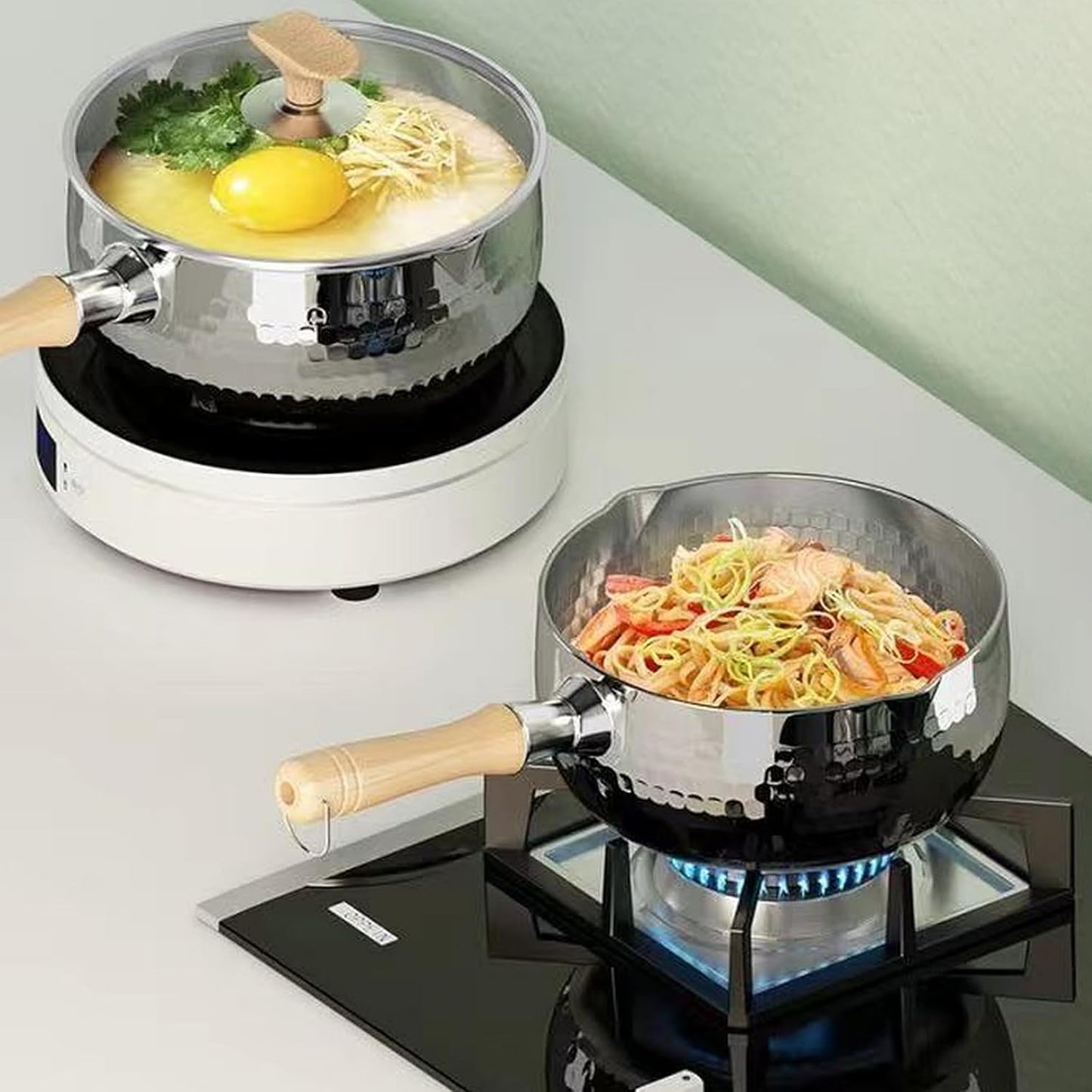 Thickened 304 Stainless Steel Pot, Solid Wood Anti Scald Handle With Hook, Multifunctional Sauce Pot with Inverted Mouth, Milk Pot, Cooking Pot (3.0 Quarts)