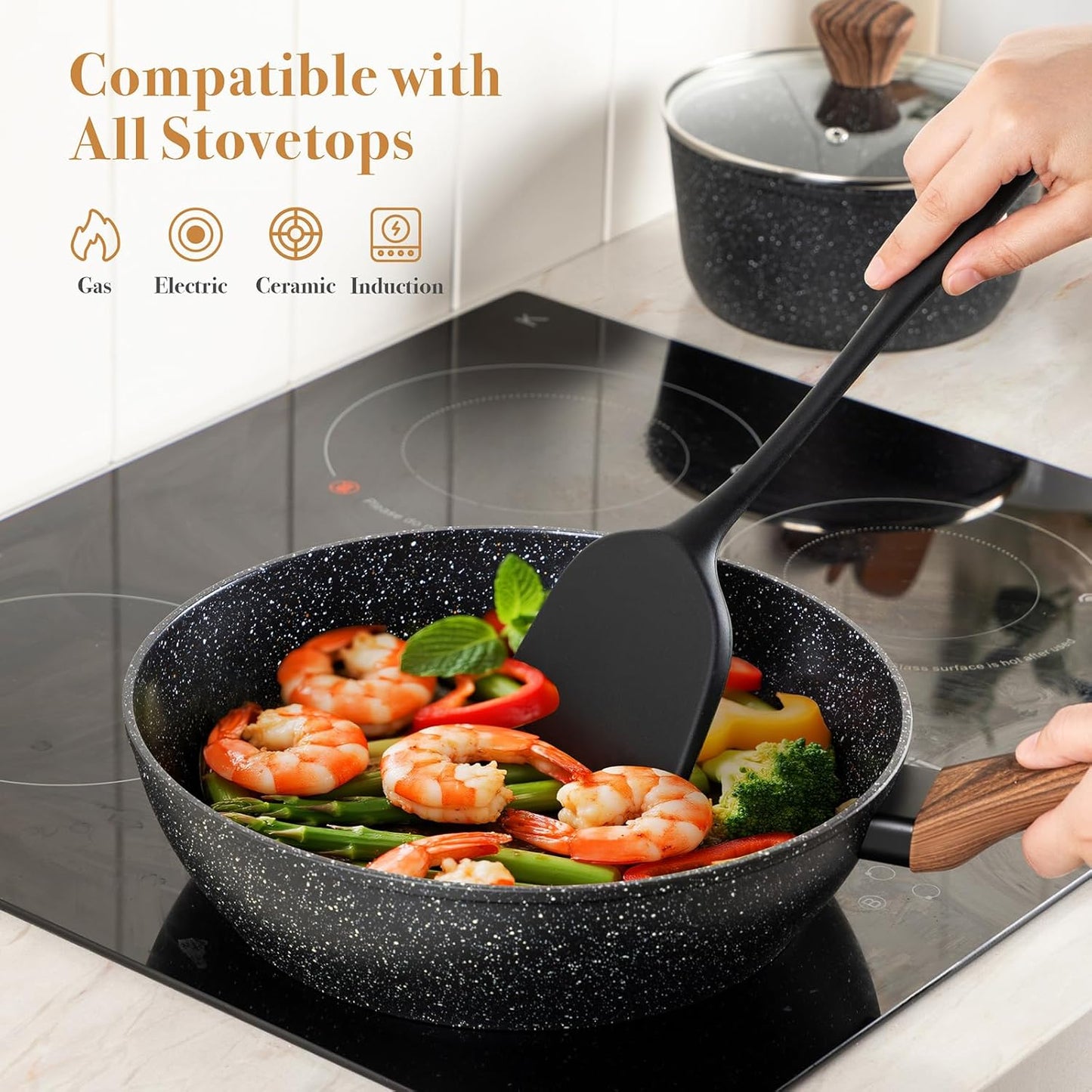 PekGema 14 Pcs Ceramic Cookware Sets, Pots and Pans Set Nonstick, Non Toxic Healthy Non stick Kitchen Cooking Set, Induction Cookware with Frying Pan Set, PFAS PTFE PFOA FREE, Black