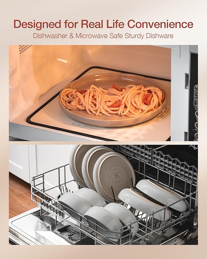 Famiware Milkyway Stoneware Dinnerware Sets with Mugs, Service for 4 (16pcs), Plates and Bowls Sets, Scratch Resistant, Microwave and Dishwasher Safe Dishes Set, Light Gray