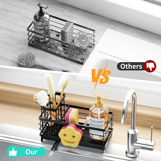 HapiRm Sponge Holder for Kitchen Sink - Self-draining Sink Caddy with Smiley Face and Brush Holder, Stainless Steel Kitchen Organizer for Countertop - Black