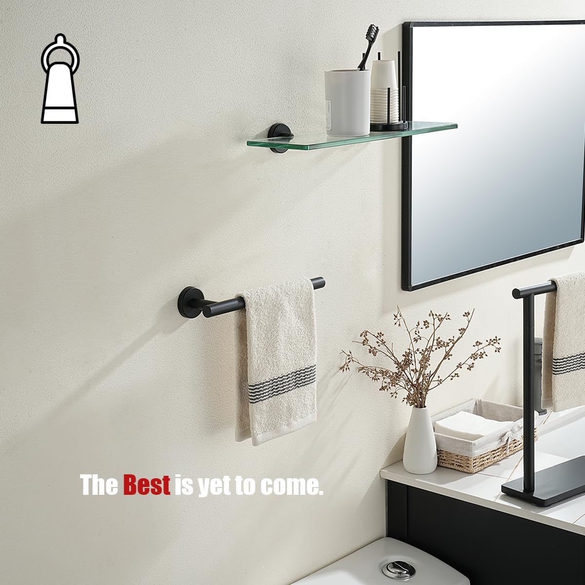 JQK Hand Towel Holder Towel Ring Black, 10 Inch Thicken 0.8mm 304 Stainless Steel Bathroom Hand Towel Bar, 9 Inch Useable Length Wall Mount Towel Rack Hanger, Matte Black, THH110L9-PB