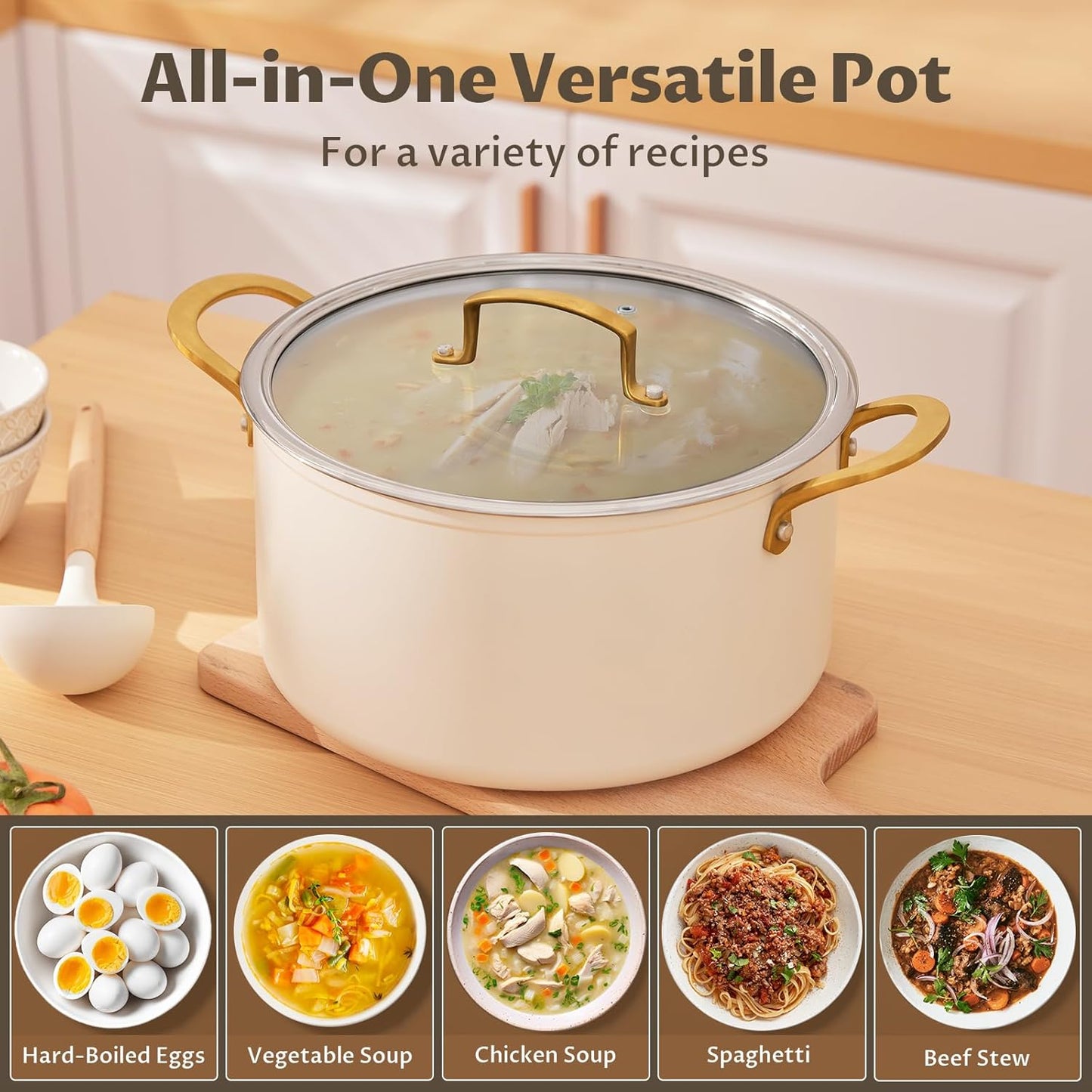 BEZIA 6 Quart Stock Pot with Lid๏ผCeramic Nonstick Cooking Pot๏ผSoup Pot with Stainless Steel Handle, Tempered Glass Lid, Induction Compatible for Pasta, Soup, Spaghetti๏ผDishwasher Safe, Cream