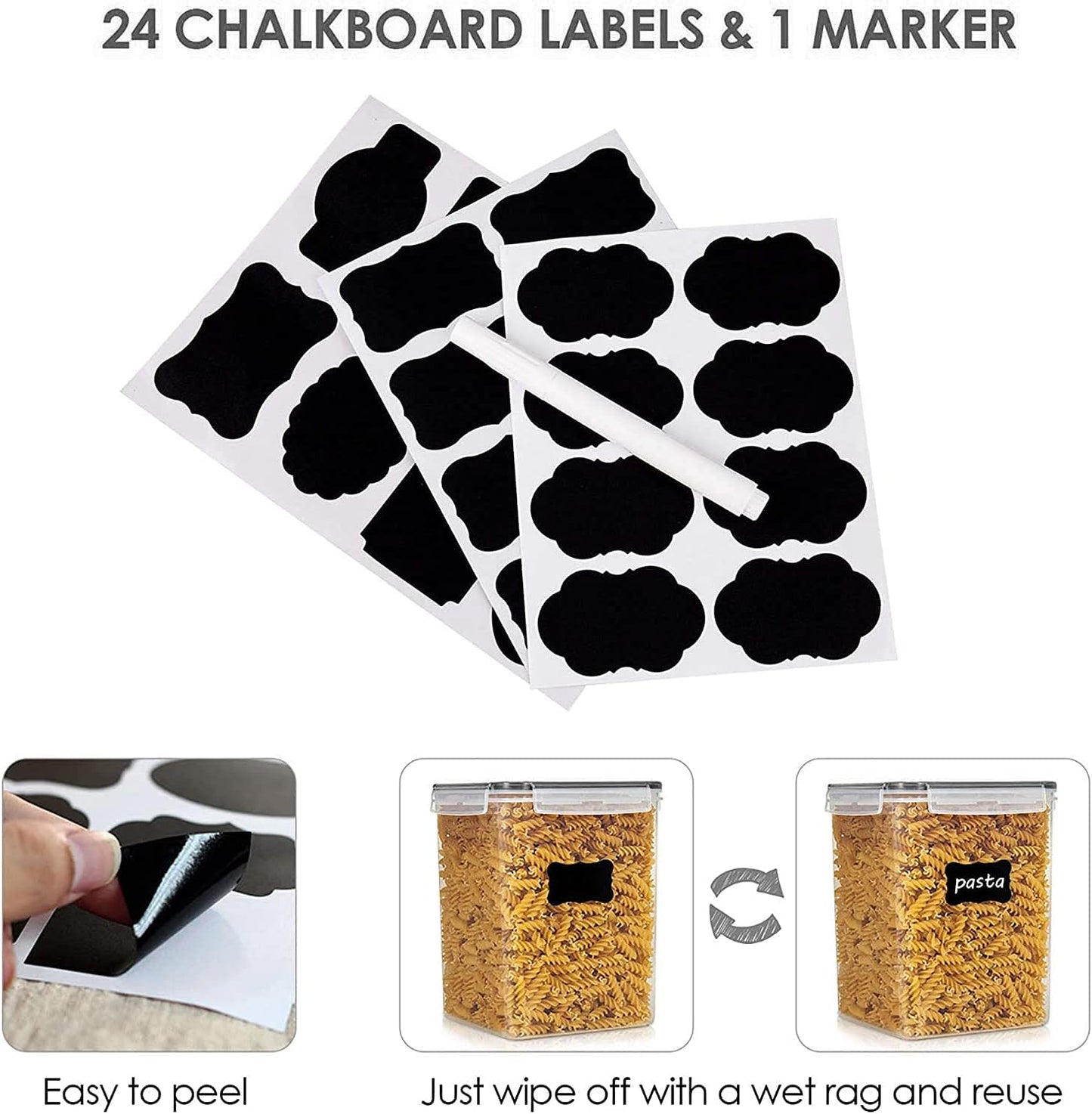 Vtopmart Food Storage Containers 2.5L / 84.5oz, 4 Pieces BPA Free Plastic Airtight Canister for Flour, Sugar, Baking Supplies, with 4 Measuring Cups and 24 Labels, Black