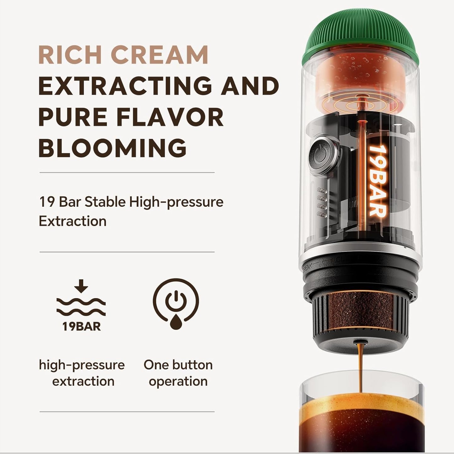 Rich Crema Portable Electric Espresso Coffee Maker, Fast self-heating 2 IN 1 Extraction System Espresso Machine, Support Ground Coffee and NS capsule, for Travel、Car、Hiking、Climbing(Green)