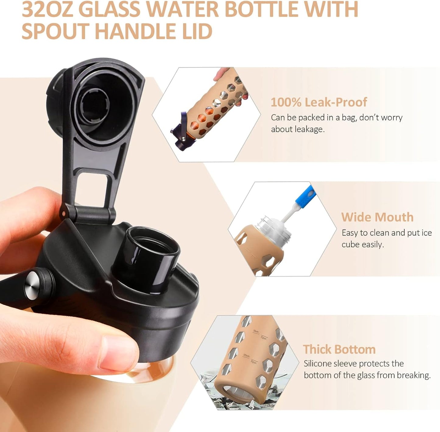 MUKOKO 24oz Glass Water Bottle with 2 Lids-Handle Flip Lid&Bamboo Straw Lid,Motivational Water Tumbler with Time Marker Reminder and Silicone Sleeve, Leakproof-Amber