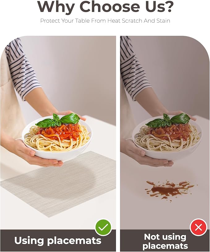 Leetaltree Beige White Placemats Set of 6 - Heat Resistant Non-Slip Place mats for Dining Table, Washable Durable PVC Vinyl Woven Table Mats(Beige White, 6)