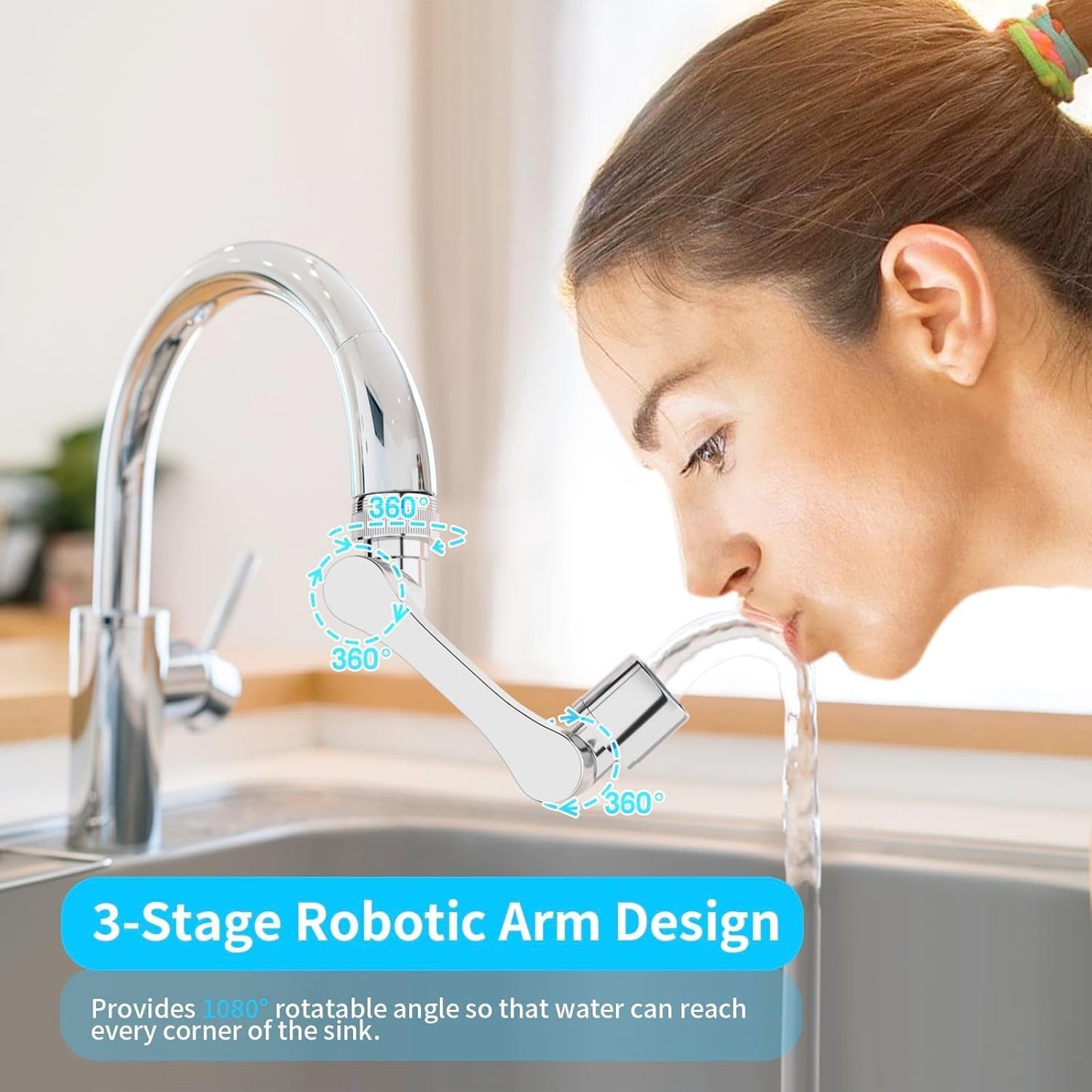 1080° Swivel Faucet Extender, Heavy Duty Rotating Sink Extension, Universal Swivel Multifunctional Robotic Arm, Rotating Splash Filter Extension Faucet Aerator for Kitchen Bathroom-1 Pcs