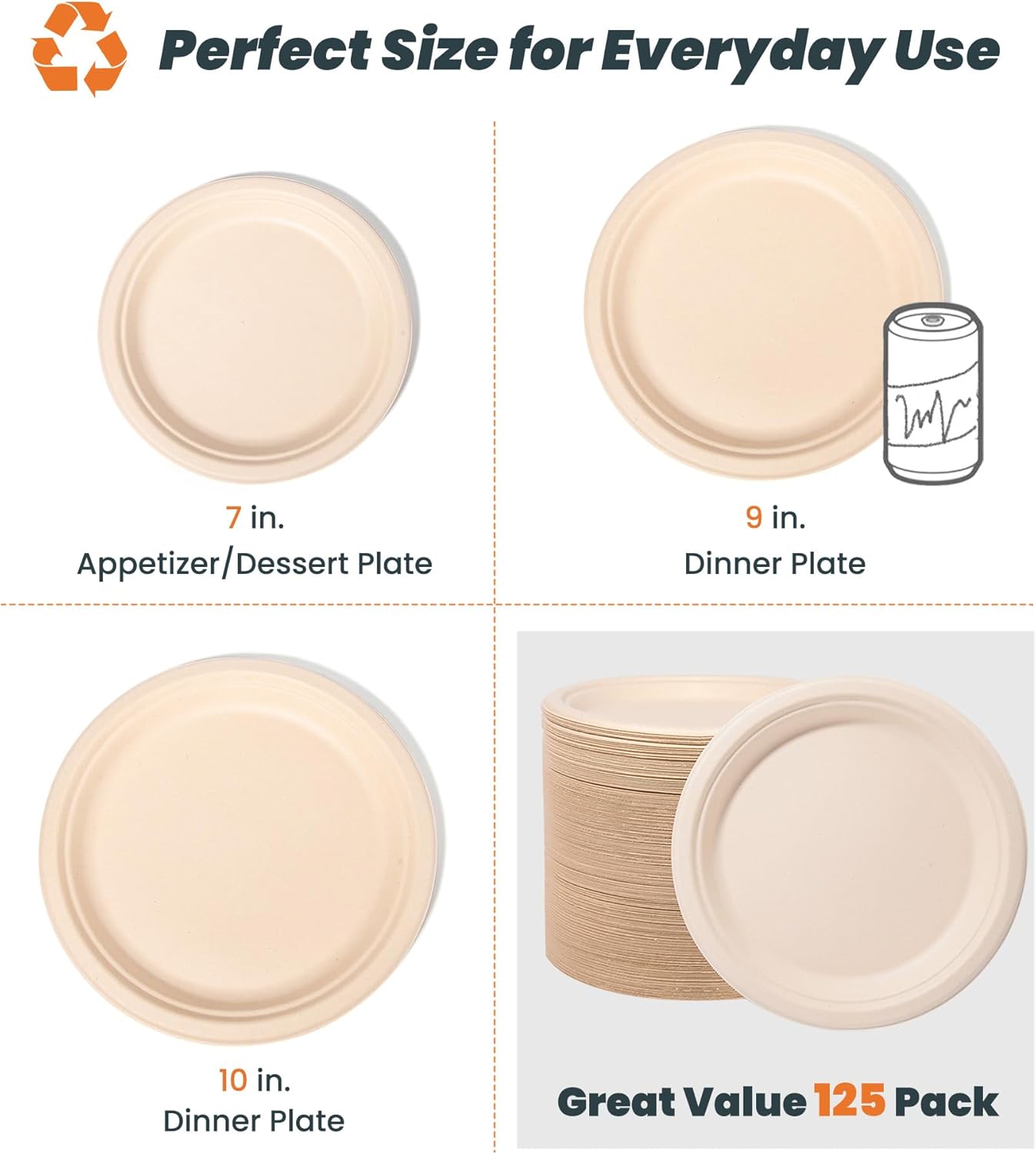 100% Compostable Plates - Disposable, Heavy Duty, Biodegradable, Eco-Friendly (Natural, 9 inch, 125-Count)