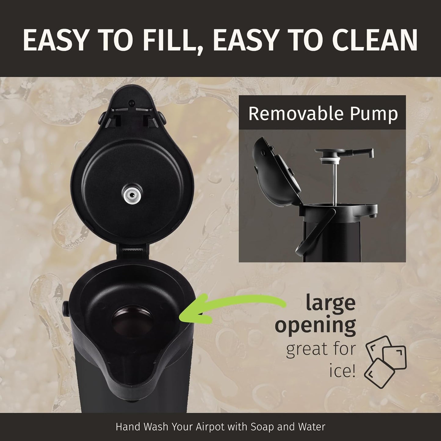 Airpot Coffee Dispenser With Pump, Black - 12 Hours Hot Water Dispenser with Pump, 36 Hours Cold - Coffee Thermal Carafe for Hot Drinks, Tea Flask for Beverages -Large Carafe w/ One-Handed Dispensing