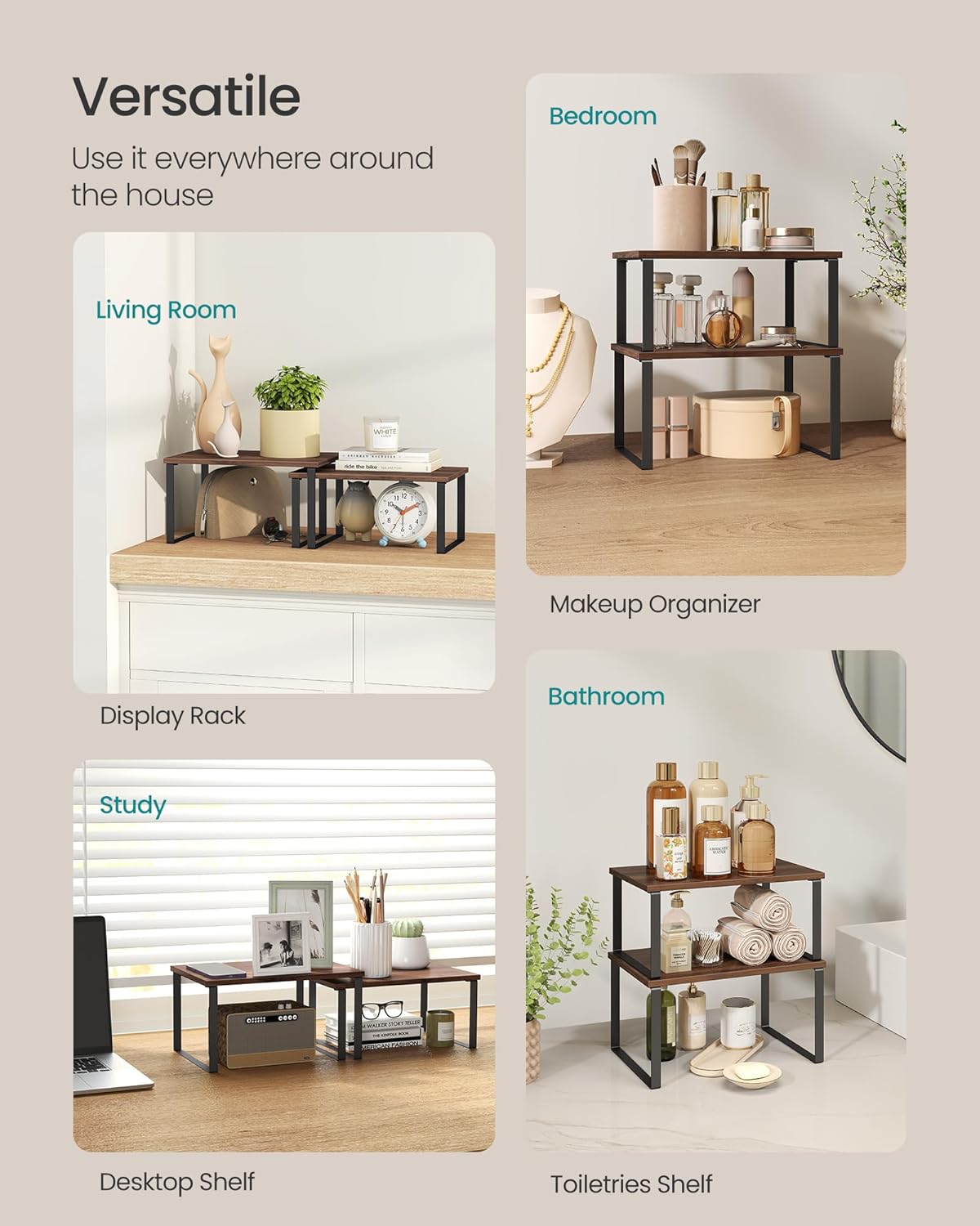 SONGMICS Cabinet Organizer Shelf, Set of 2 Kitchen Counter Shelves, Kitchen Storage, Spice Rack, Stackable, Expandable, Metal and Engineered Wood, Natural Walnut and Matte Black UKCS020K01