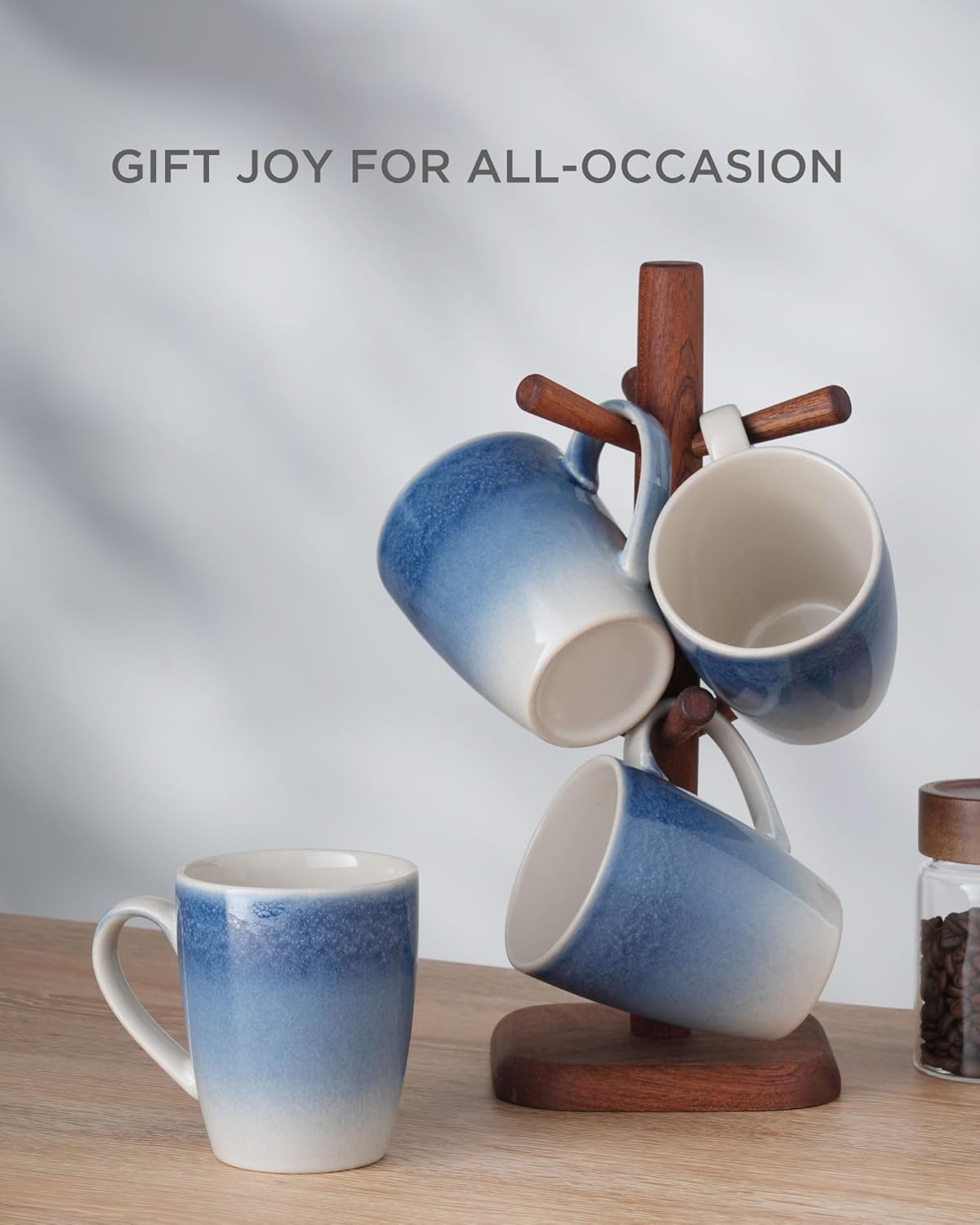 famiware Coffee Mugs Set, 13 oz Mug Set of 4, Stoneware Cups for Latte, Hot Tea, Mocha, Cocoa, Cappuccino, Microwave and Dishwasher Safe, Glacier Series, Azure Blue