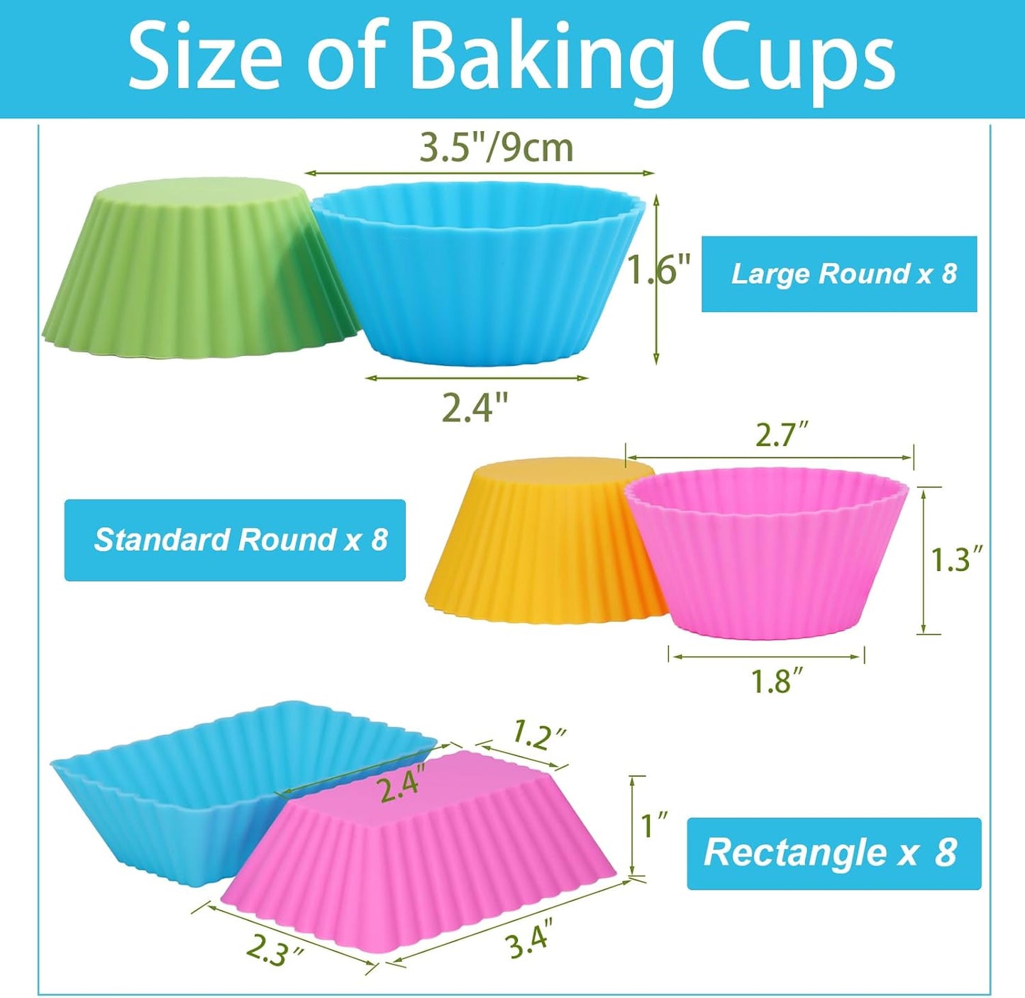 24Pack Silicone Muffin Cups, Reusable Cupcake Liners Molds for Baking, 3 Shapes Lunch Box Bento Dividers-Round, Square, and Rectangular (Colorsful, Large Size)