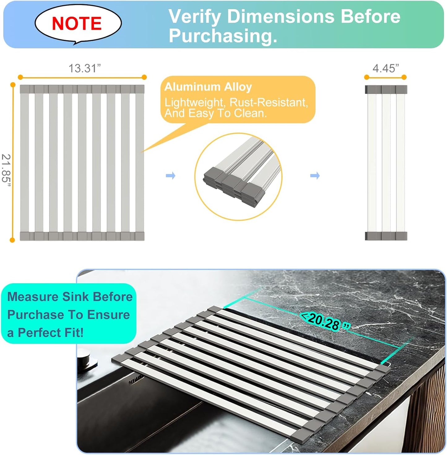 Mamakura Roll Up Dish Drying Rack Over The Sink,Multipurpose Foldable Sink Cutting Boards&Dish Rack for Kitchen,Aluminum Alloy Sink Rack Mat,21.85"x13.31",Grey