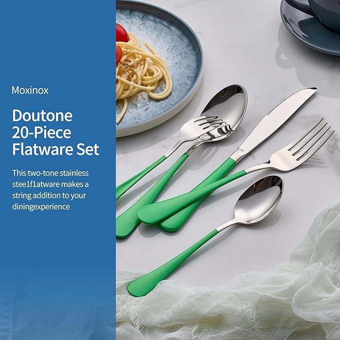 20-Piece Green Silverware Set, 18/0 Stainless Steel Green Handle Flatware Set, Service for 4, Modern Cutlery Set Includes Dinner Knives Forks Spoons, Mirror Polished, Dishwasher Safe