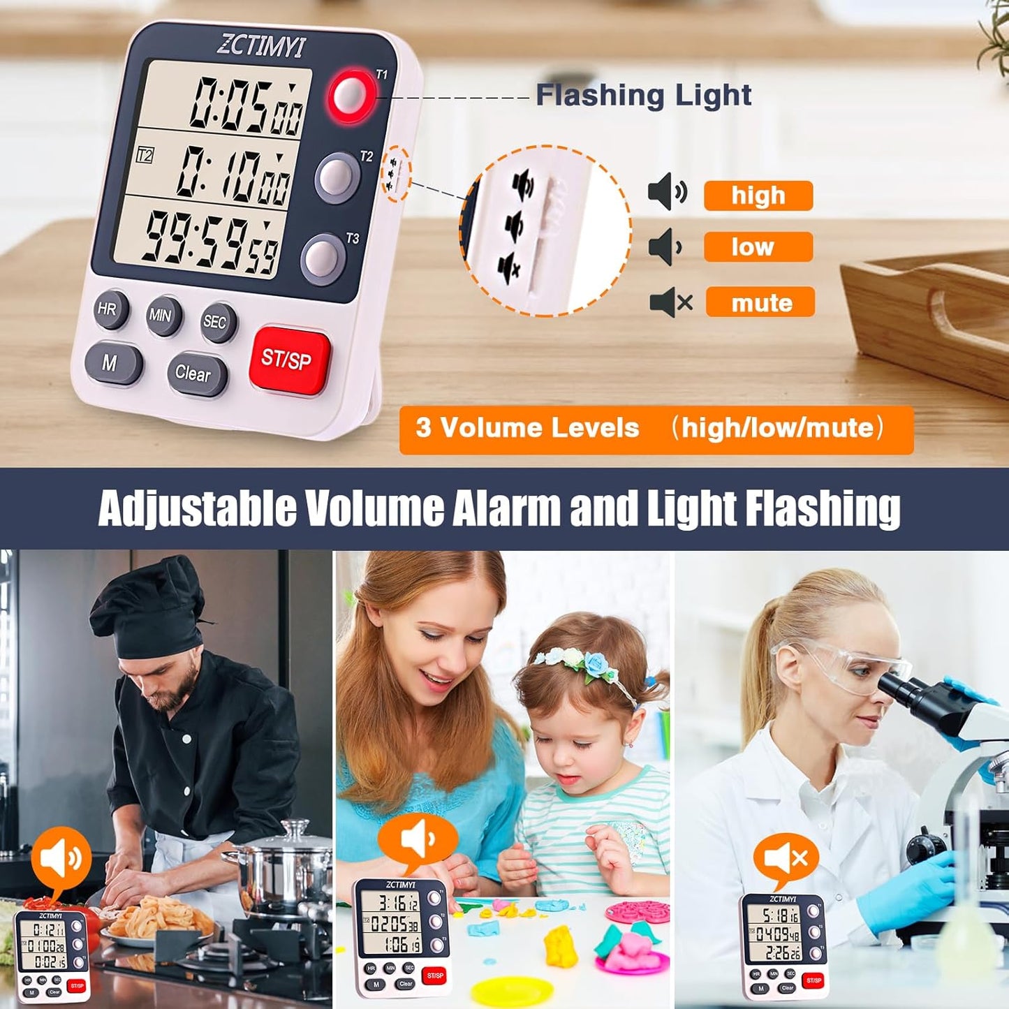 Dual Digital Timer for Kitchen Cooking, 3 Channels Count Down/Up Triple Timer with Memory Presets Magnetic Back & Large Display Adjustable Alarm Volume, Multi Times Management Suit for Baking, White