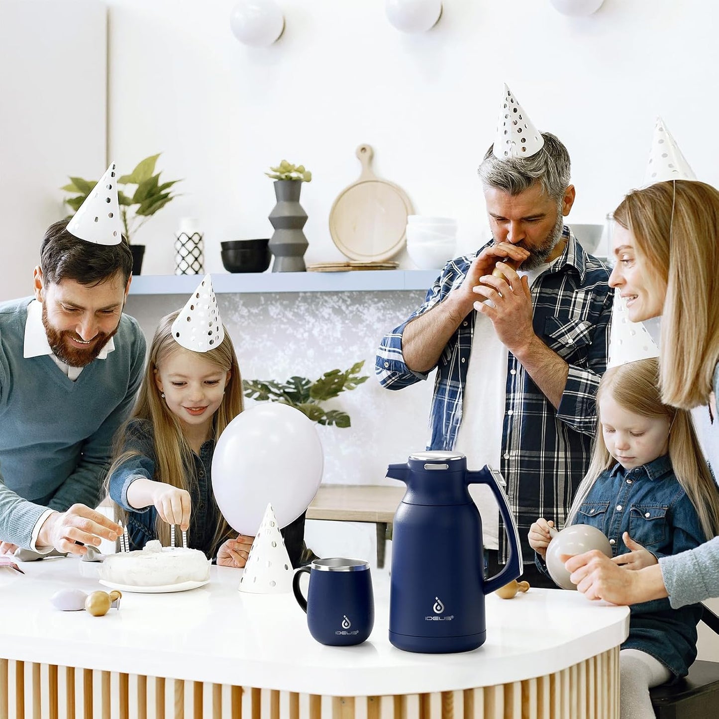 IDEUS Thermal Coffee Carafe 68oz (2,000ml), Stainless Steel Double Wall Insulated Vacuum Flask, Water Jug Coffee Server and Beverage Dispenser, Heat and Cold Retention (Navy Blue, 68oz (2,000ml))