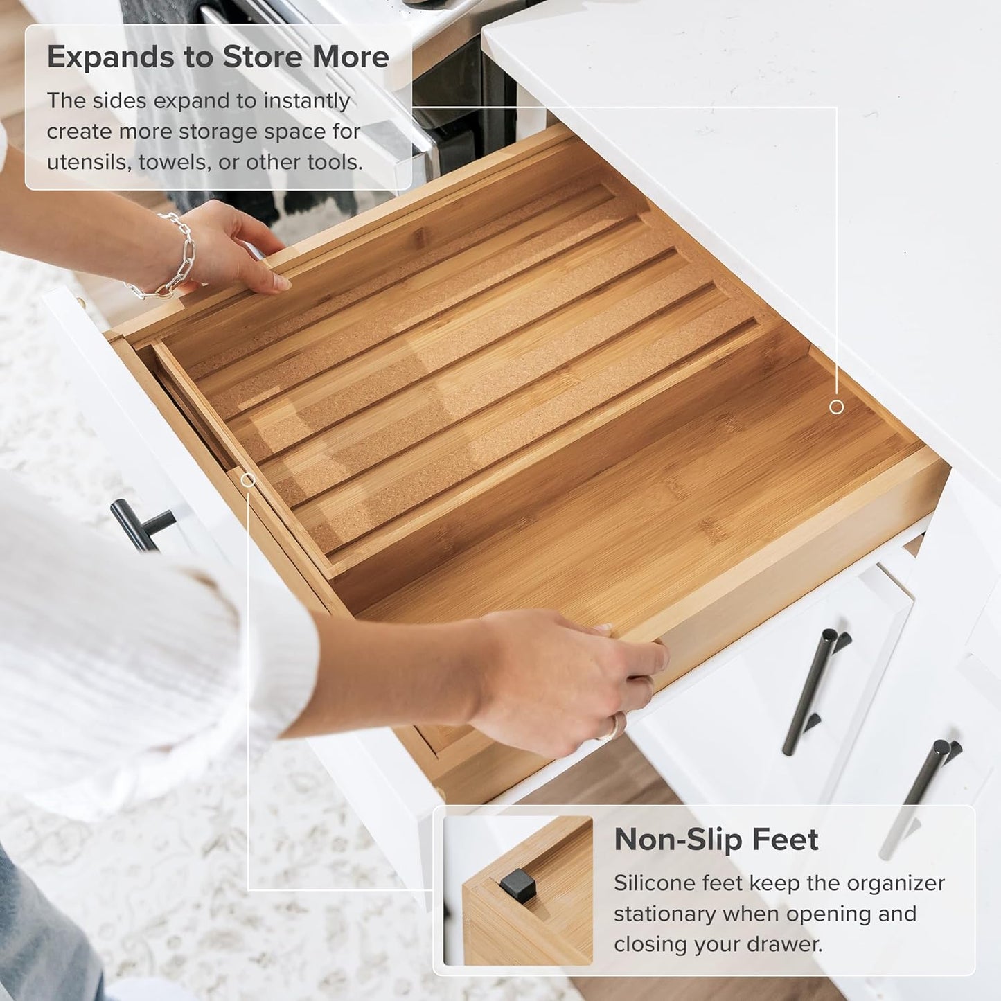 KitchenEdge Spice Drawer Organizer with Expandable Storage. Holds up to 15 Spice Jars (Not Included), Non-Slip Feet, Kitchen Accessory Storage, 100% Sustainable Bamboo Wood