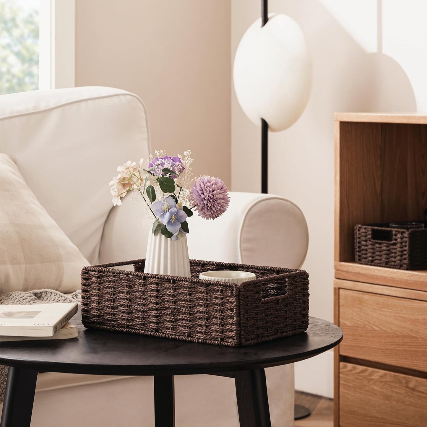 UBBCARE 2 Pack Wicker Basket, 11.5L×7.5H×3.5W inch Woven Paper Rope Storage Baskets for shelves, Foldable Rectangular Storage Baskets with Handle, Storage Basket for Organizing, Dark Brown