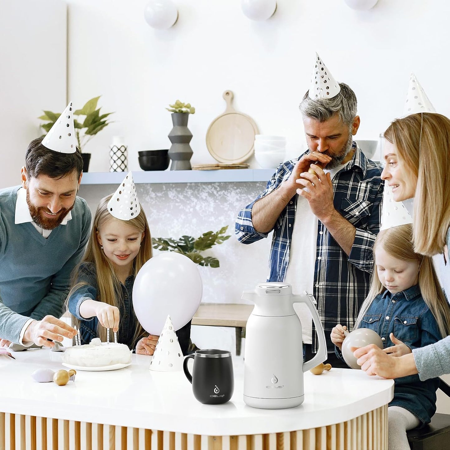 IDEUS Thermal Coffee Carafe 68oz (2,000ml), Stainless Steel Double Wall Insulated Vacuum Flask, Water Jug Coffee Server and Beverage Dispenser, Heat and Cold Retention (White-Silver, 68oz (2,000ml))