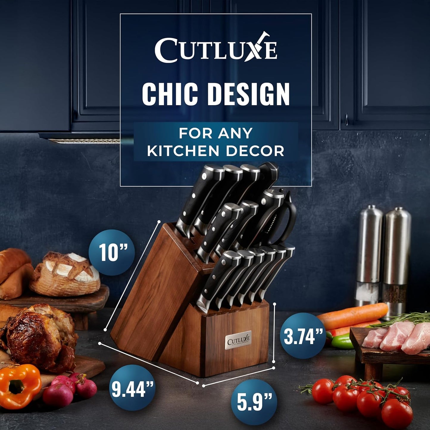 Cutluxe 15-Piece Knife Set – Premium Walnut Wood Block – Knife Set for Kitchen, Ultra Sharp High Carbon German Stainless Steel, Full Tang – Artisan Series