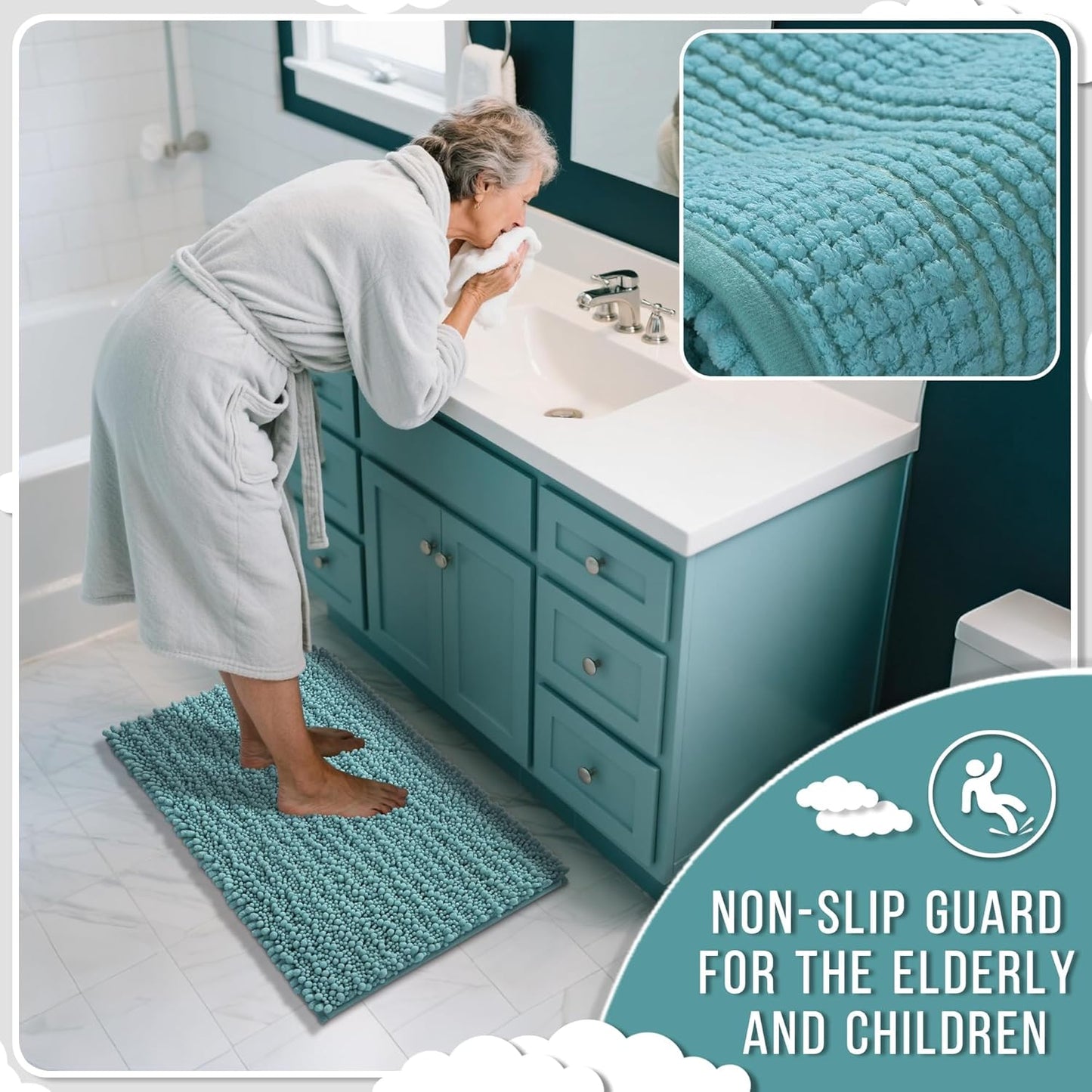 Yimobra Bathroom Rugs Non Slip Washable 24x17 Inch - Ultra Soft Absorbent Chenille Bath Mat, Quick Dry Shaggy Floor Carpet for Tub Shower, Teal Blue Home Decor Accessories