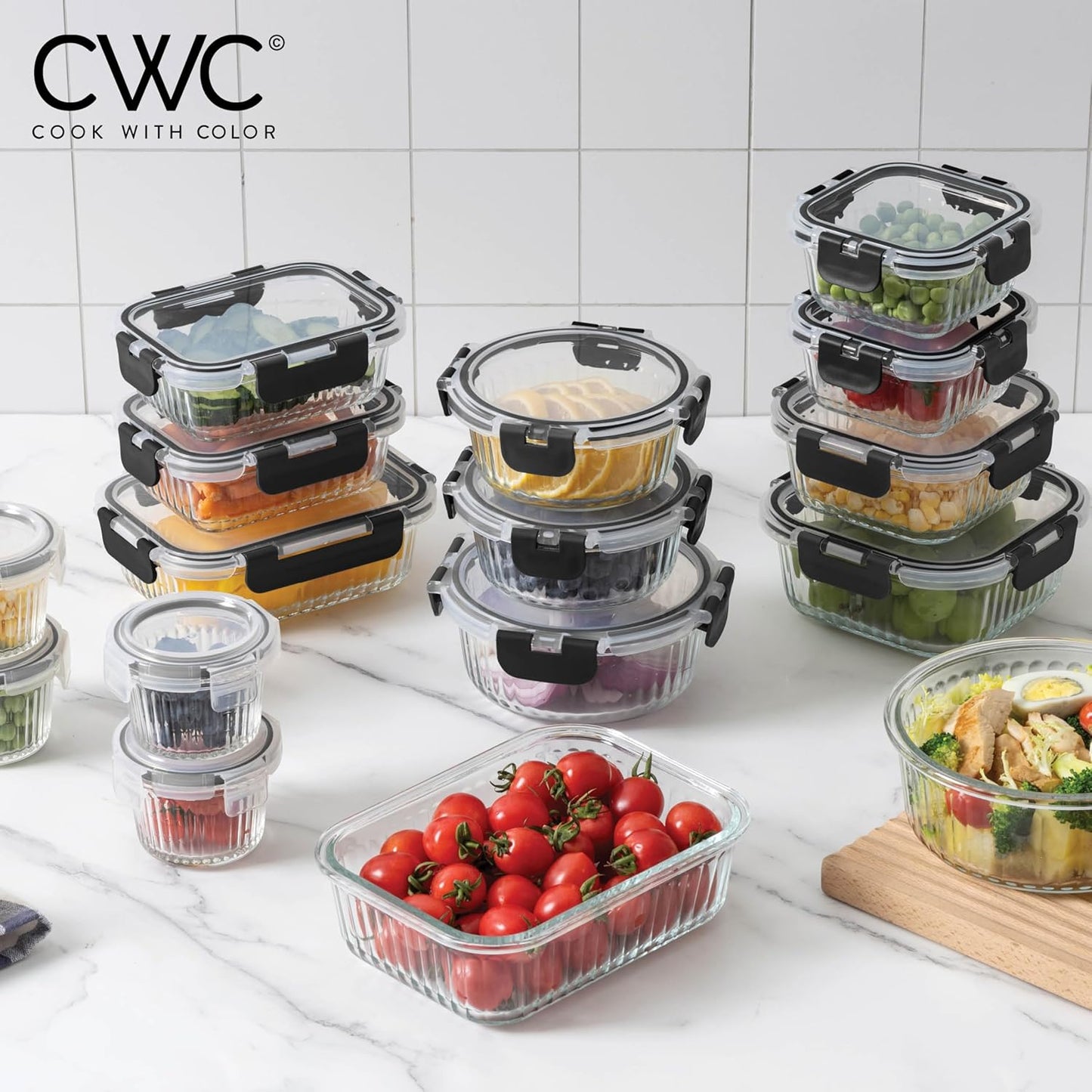 COOK WITH COLOR Premium 32-Pc. Borosilicate Glass Food Container Set with Dividers - 4 Rectangles, 8 Rounds, 4 Squares - Leakproof Lids - Meal Prep, Storage, Fluted Ombre Black