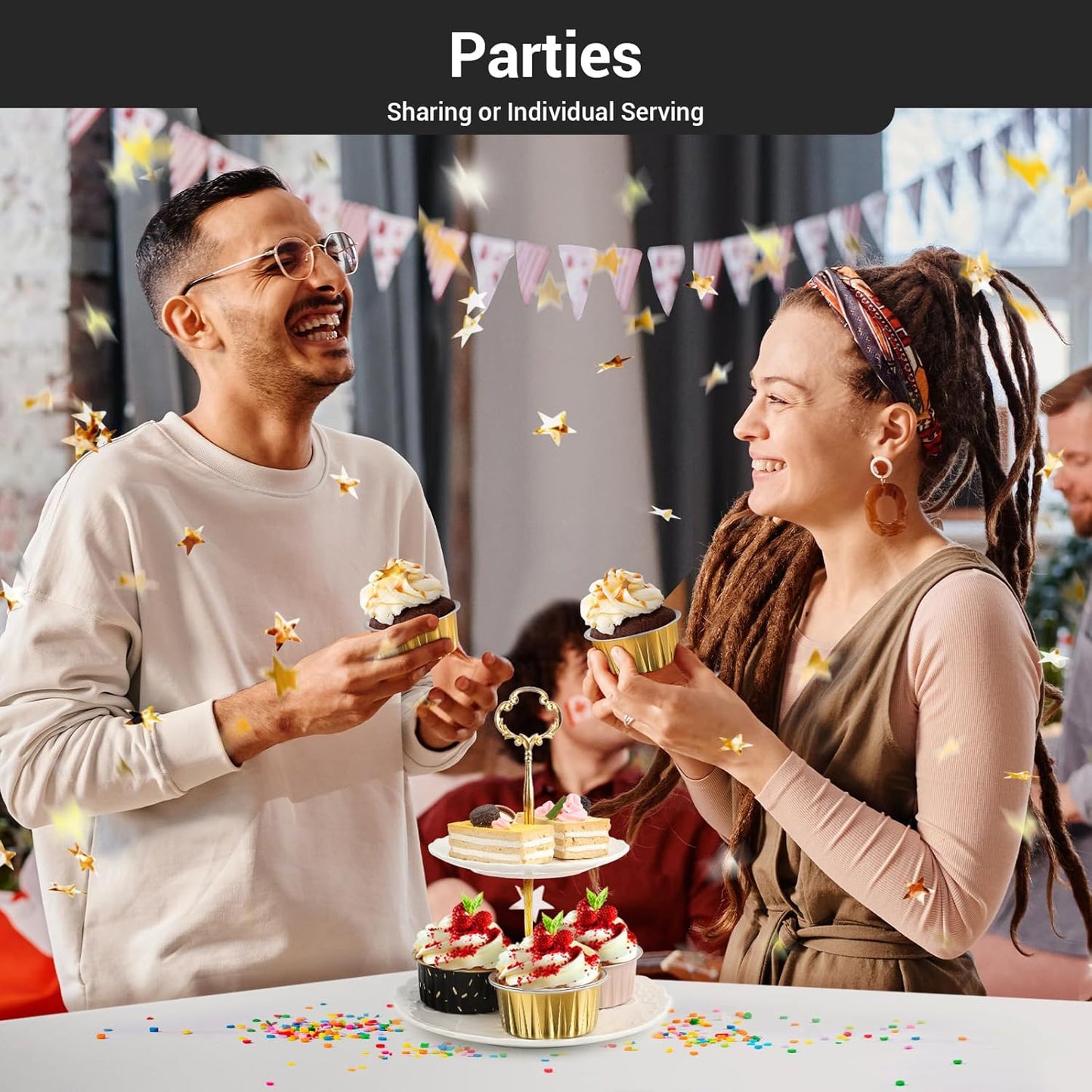 EUSOAR Disposable Ramekins Aluminum Foil, Gold 60Packs 5oz Baking Cups with Lids Mini Muffin Liners, Dessert Cheesecake Pan Creme Brulee Cupcake Containers for Catering Gathering Club Wedding Party