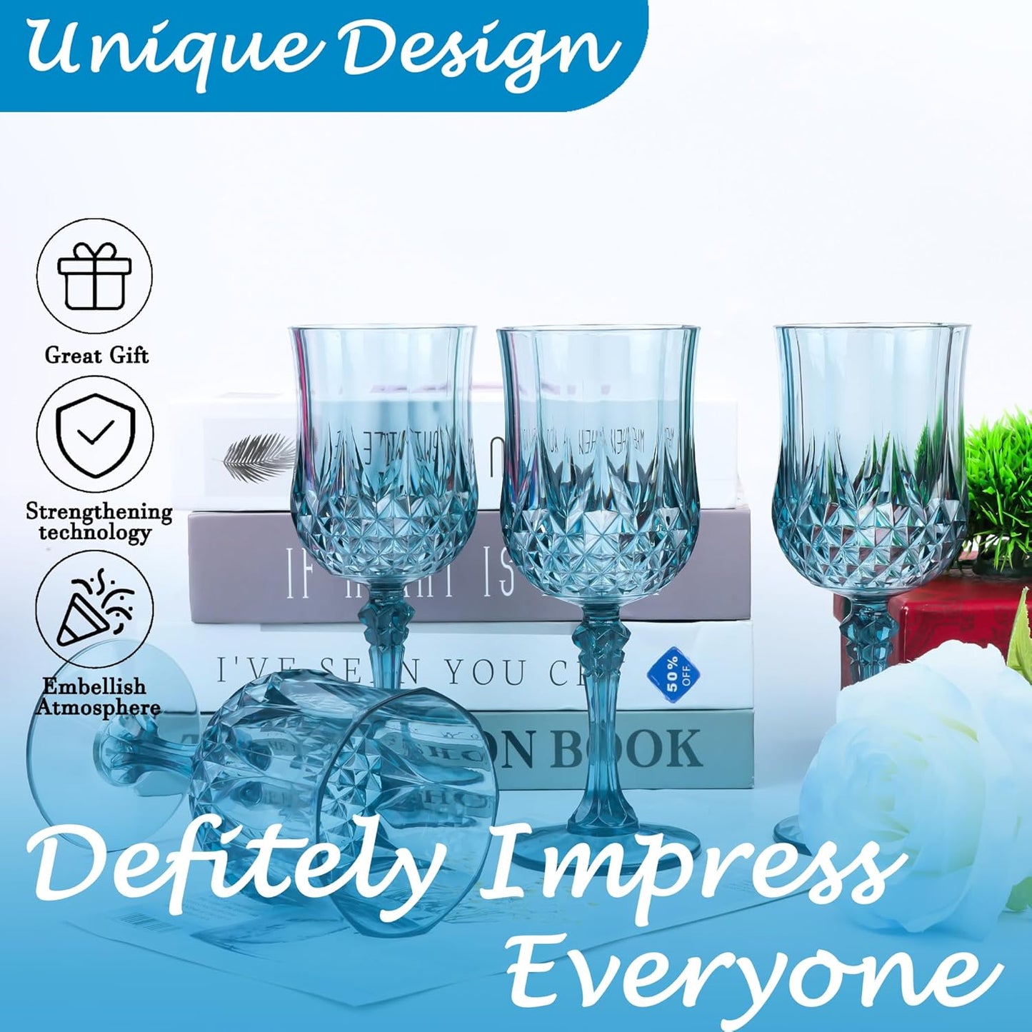 Plastic Wine Glasses,Plastic Goblets Vintage Style Cordial Drinking Glasses for Wedding Reception, Grand Event Party Supplies (24, Dusty Blue)