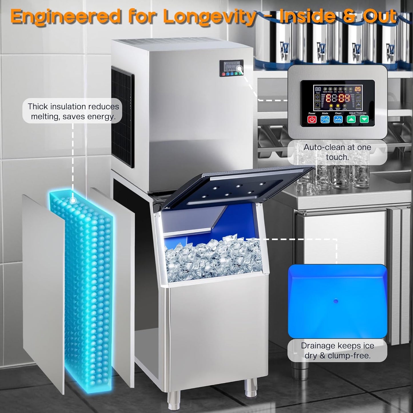 Albott Commercial Ice Maker, 600lbs/24H Stainless Steel ice Machine Countertop with 284lbs Storage Capacity, Self Cleaning for Home/Bar/Restaurant