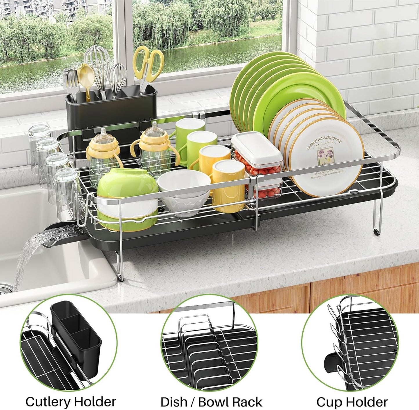 Dish Drying Rack, Expandable Dish Rack for Kitchen Counter, Stainless Steel Dish Drainer with Utensil & Cup Holder 13.8"-22.6" L x 12.1" W (Silver)