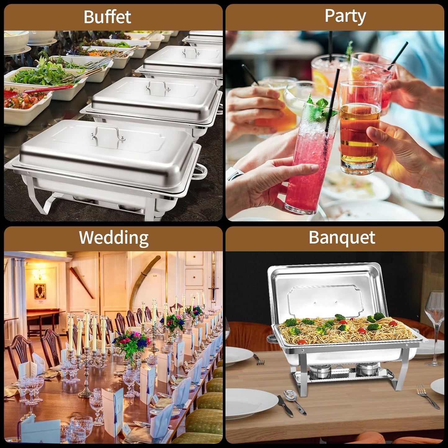 8 Qt 2 Pack Full Size Stainless Steel Chafing Dishes Buffet Set, Silver Rectangular Catering Chafer Warmer Set with Trays Pan Lid Folding Frame Stand for Kitchen Party Banquet Dining