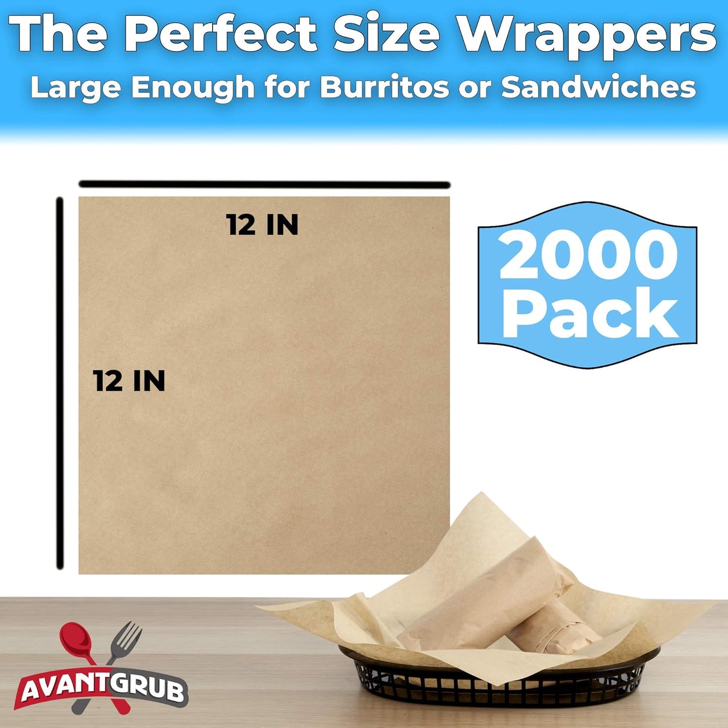 Eco Friendly, Grease Proof 12" x 12" Deli Wrap 2000 Pk. Best Kraft Food Wrapping Paper Sheets for Picnic, Festival, Fair or BBQ. Perfect Liner for Tray, Basket or Boat. Quality Bulk Restaurant Supply