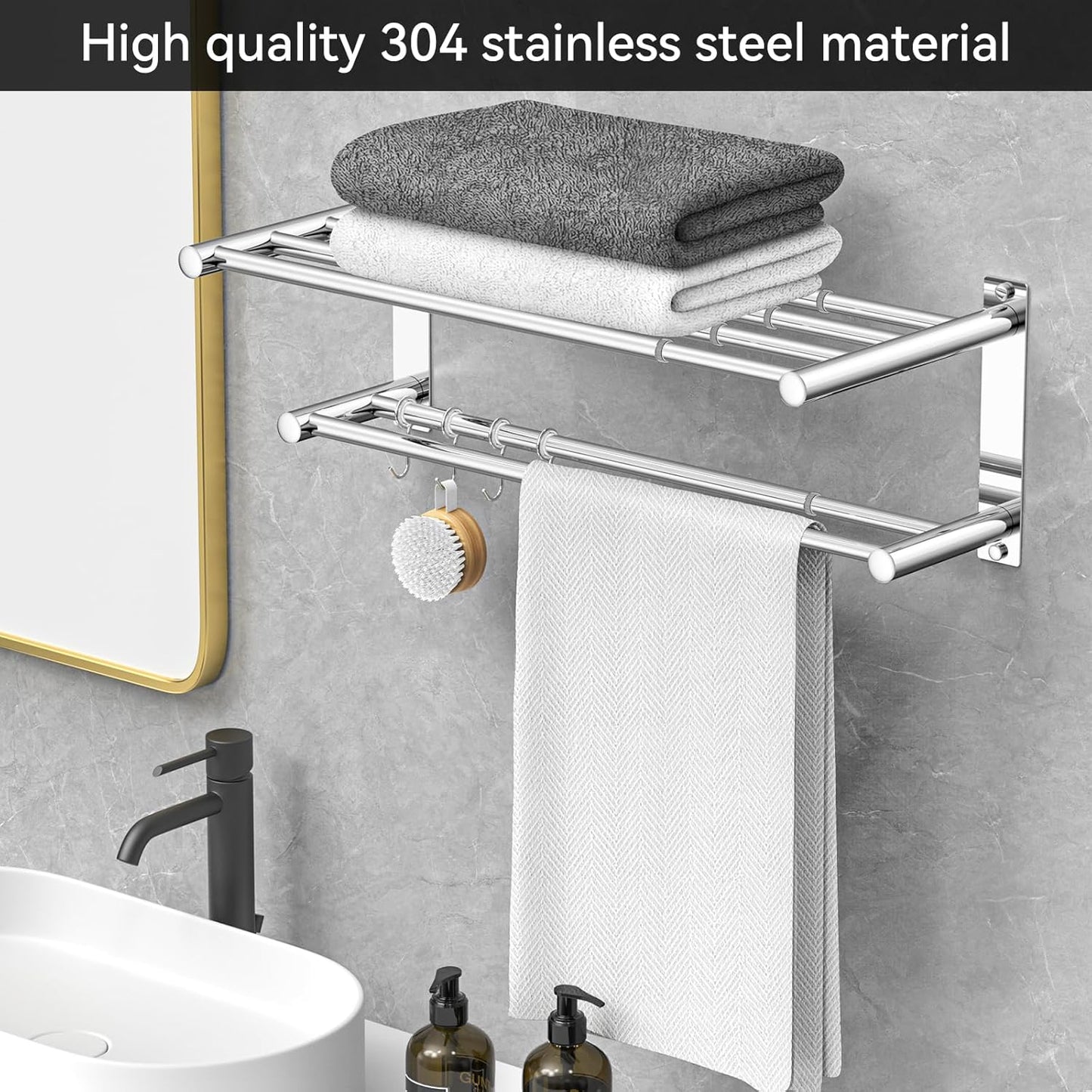 Adjustable Towel Bar for Bathroom Wall Mount17-30.7inch Adhesive Shower Towel Rack Stainless Steel Bath Towel Holders for Toilet Kitchen Double Towel Hanger (Mobile Hook Towel Rack)