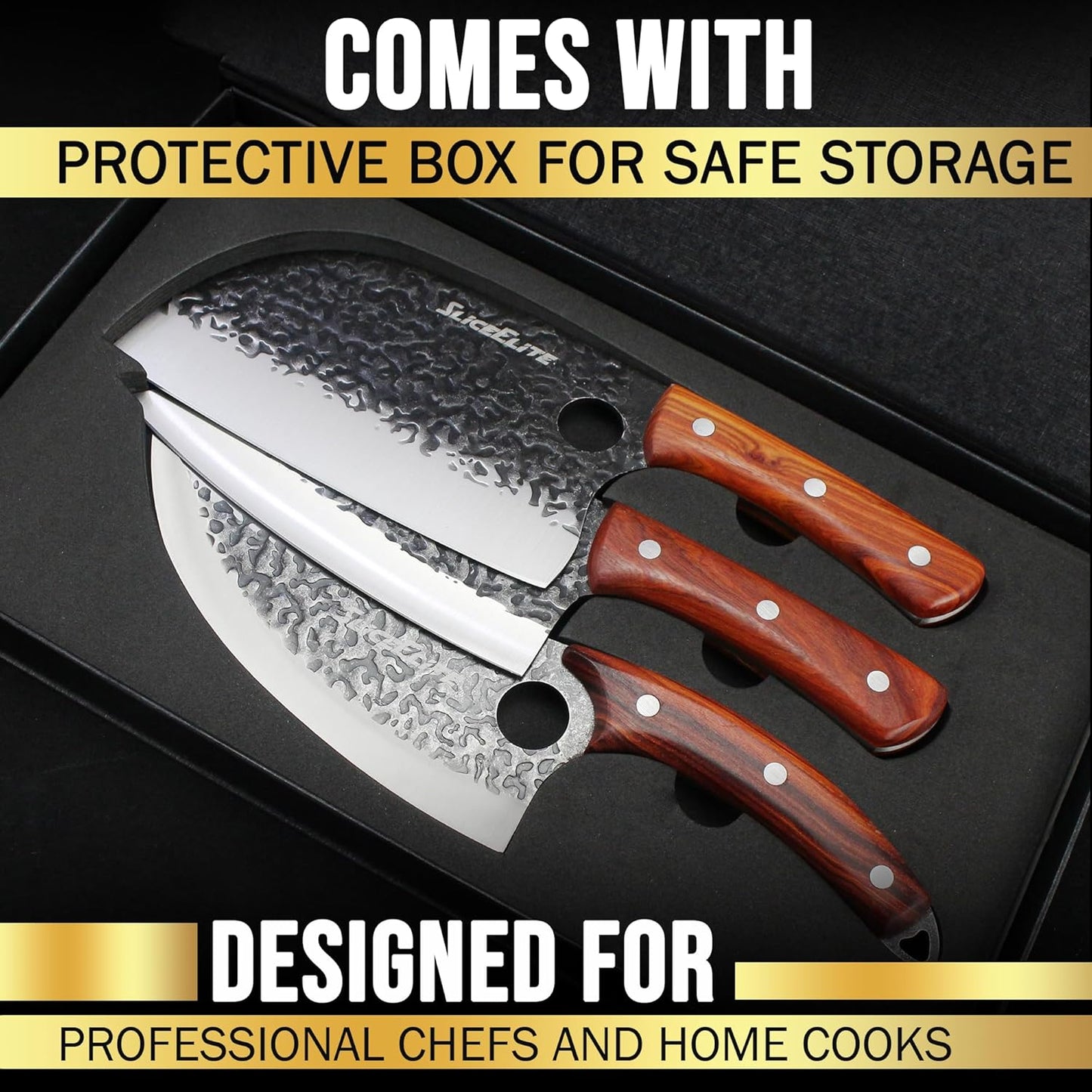 SliceElite 3PCS Hand-Forged Professional Butcher Knife Set: Cleaver, Sharp Viking, & Boning, Knives for meat cutting | Chef Set with Gift Box meat cutting knife Perfect BBQ Gift for Men